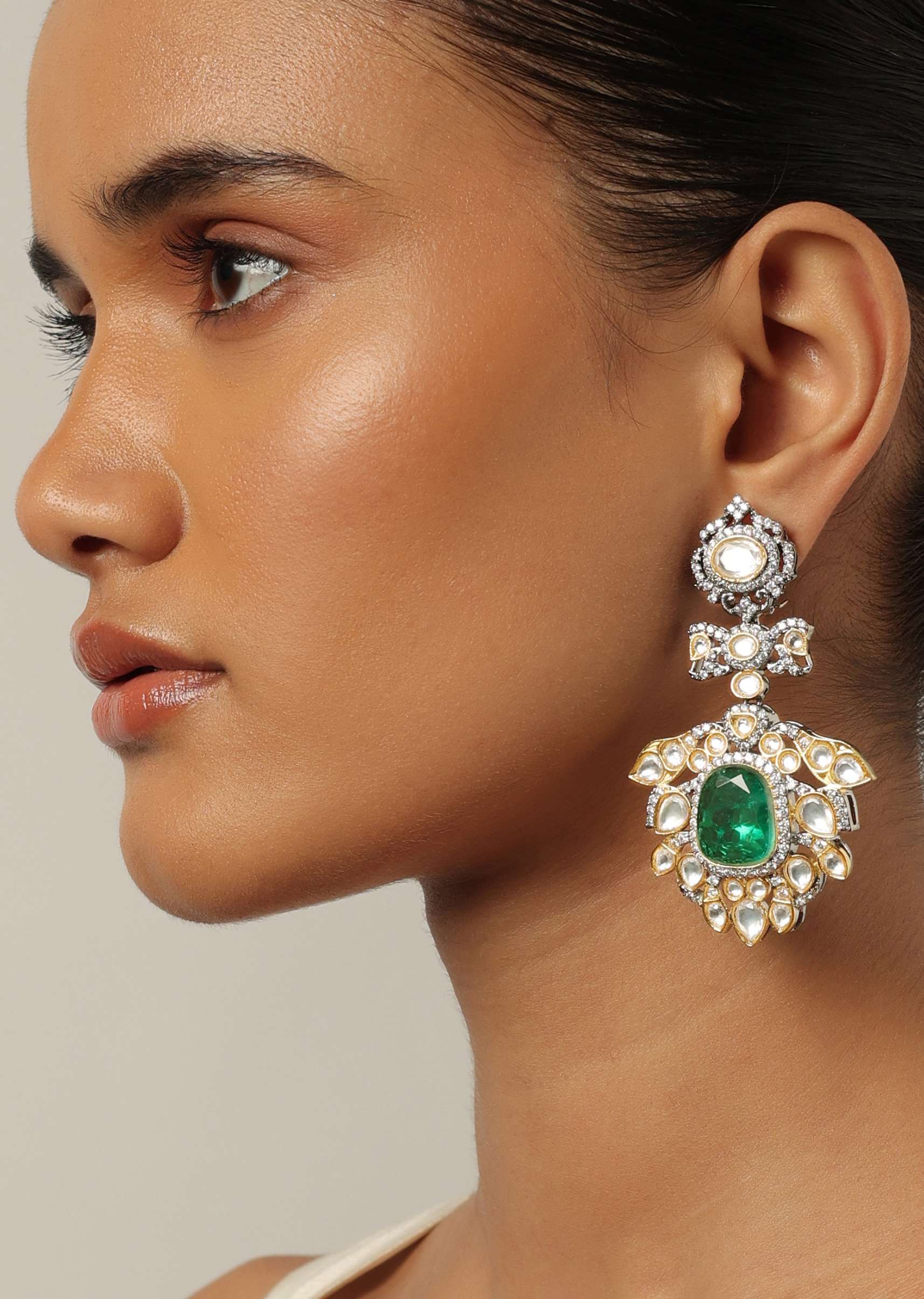 Blue Two Tone Polki Long Necklace Set With Emerald Pendant