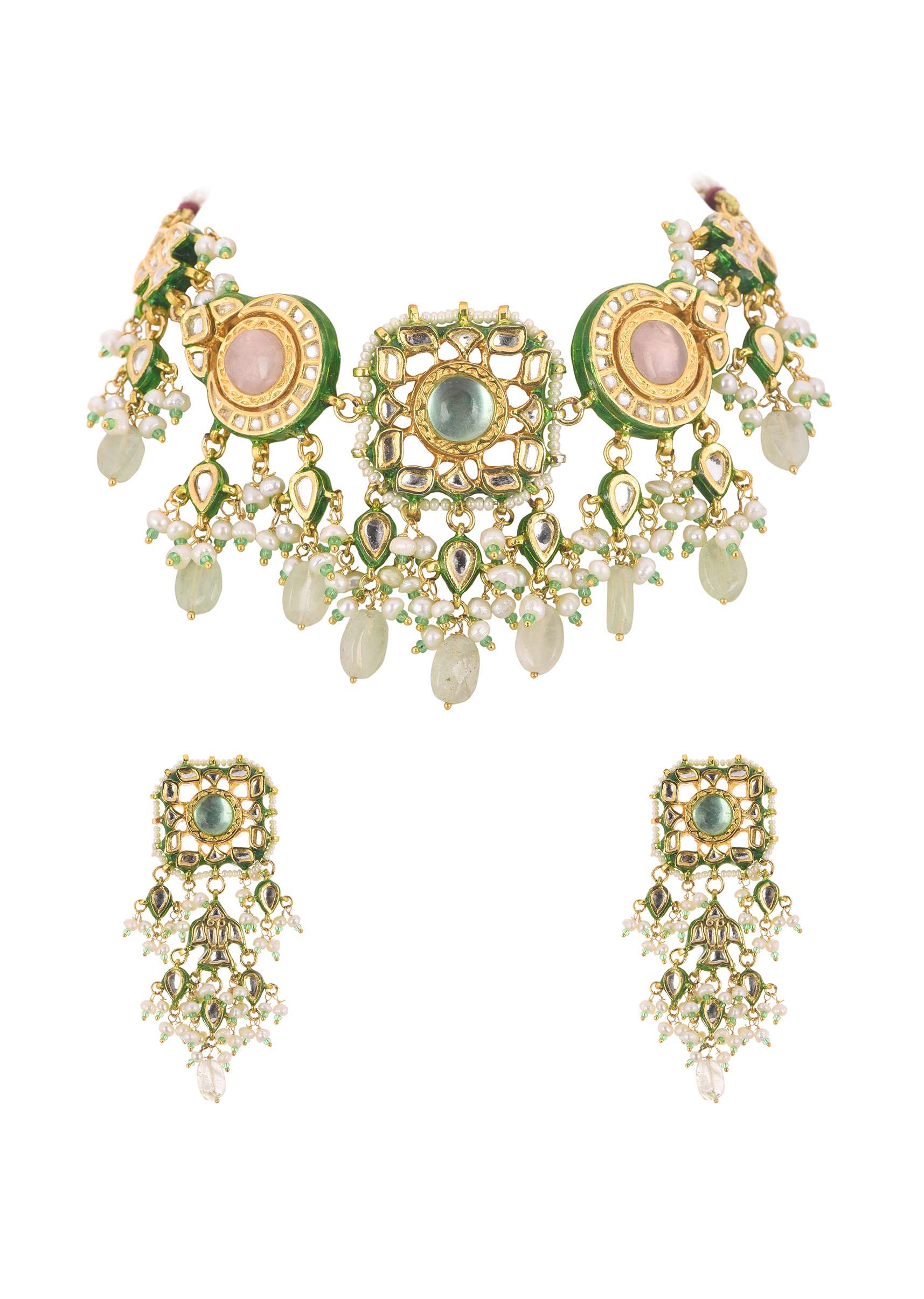 Multicolor Choker And Dangler Set With Mint Green Drops