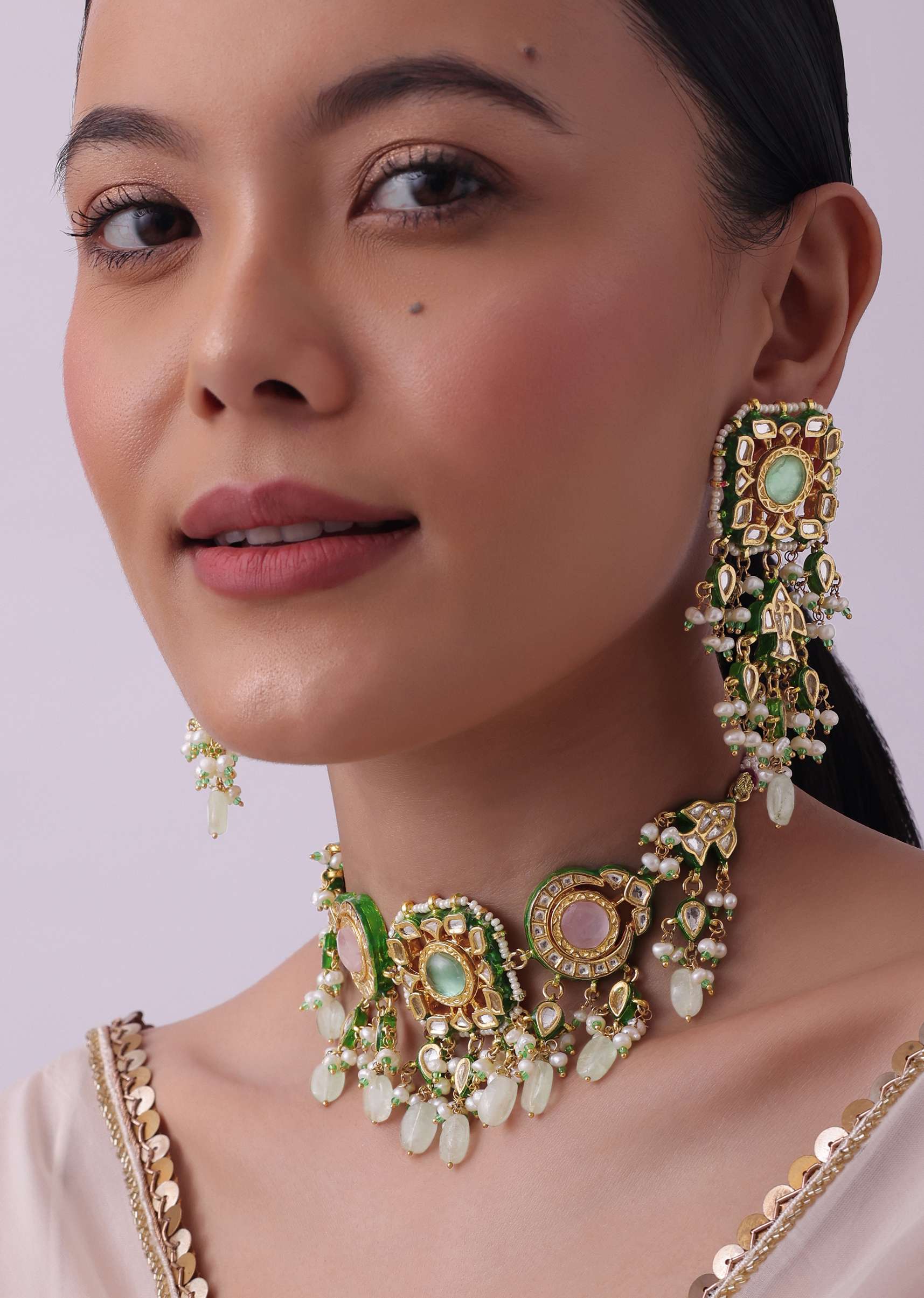 Multicolor Choker And Dangler Set With Mint Green Drops