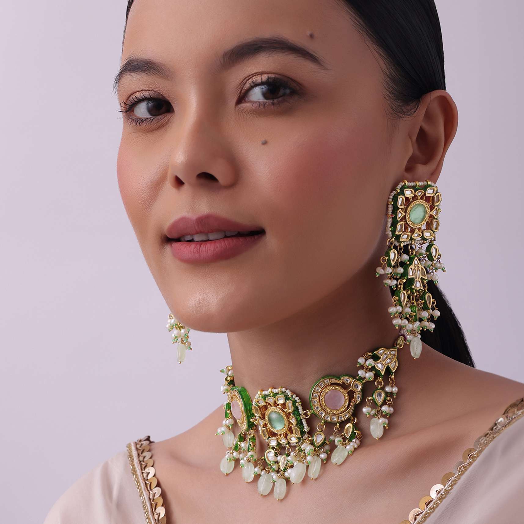 Multicolor Choker And Dangler Set With Mint Green Drops