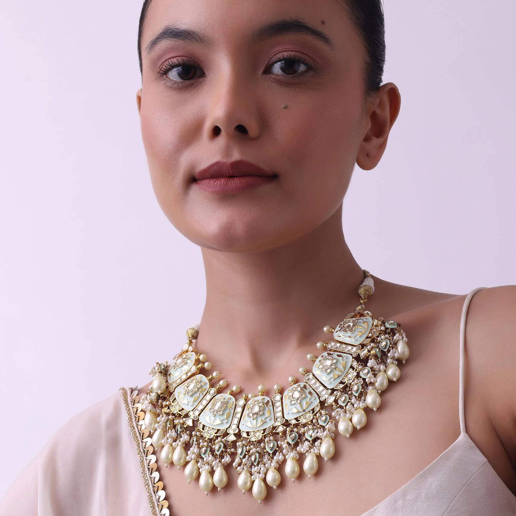 Gold Finish Kundan Necklace With Meenakari Work