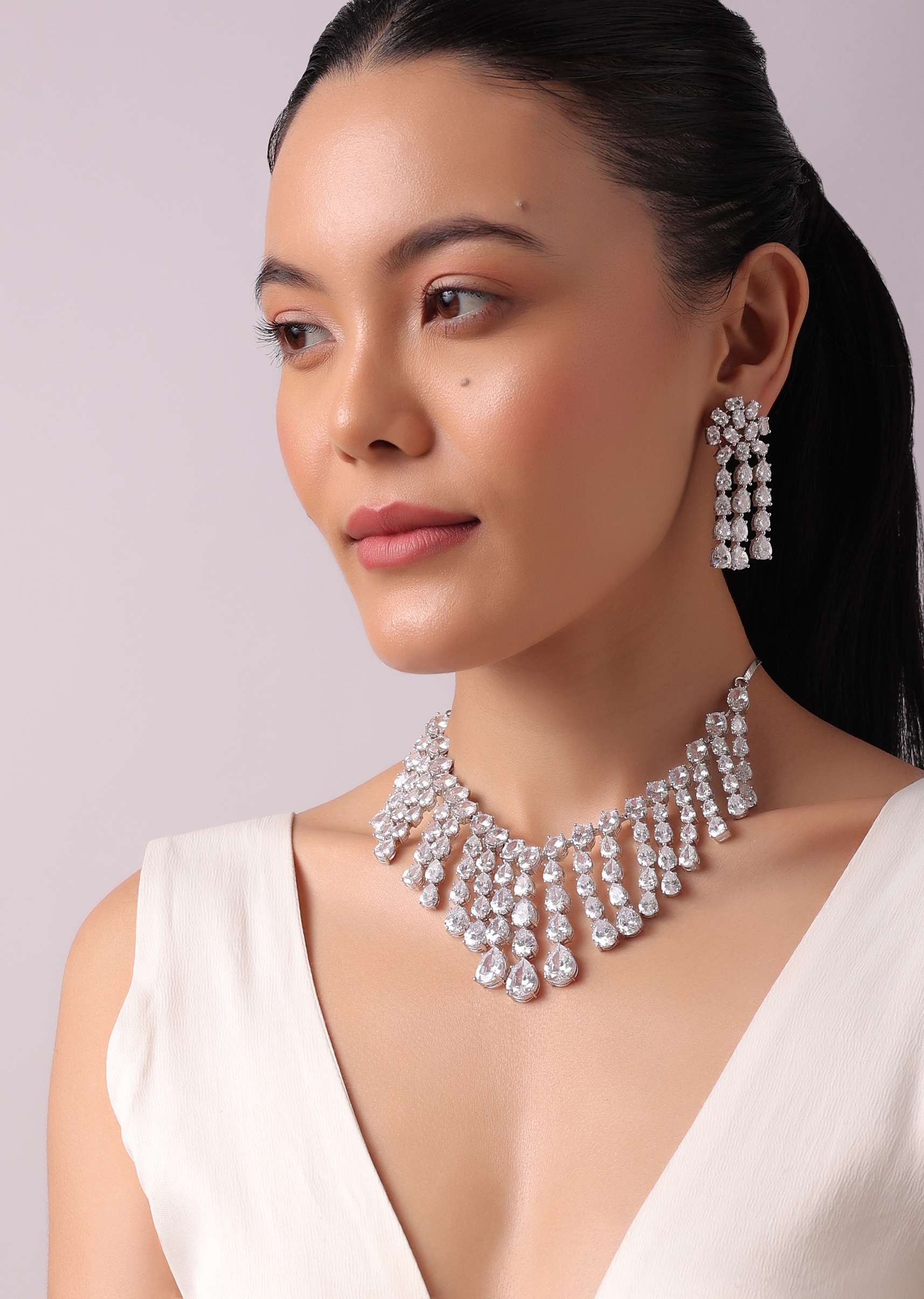 12216-silver-finish-dangling-choker-set-with-faux-diamonds-1.jpg Silver Finish Dangling Choker Set with Faux Diamonds