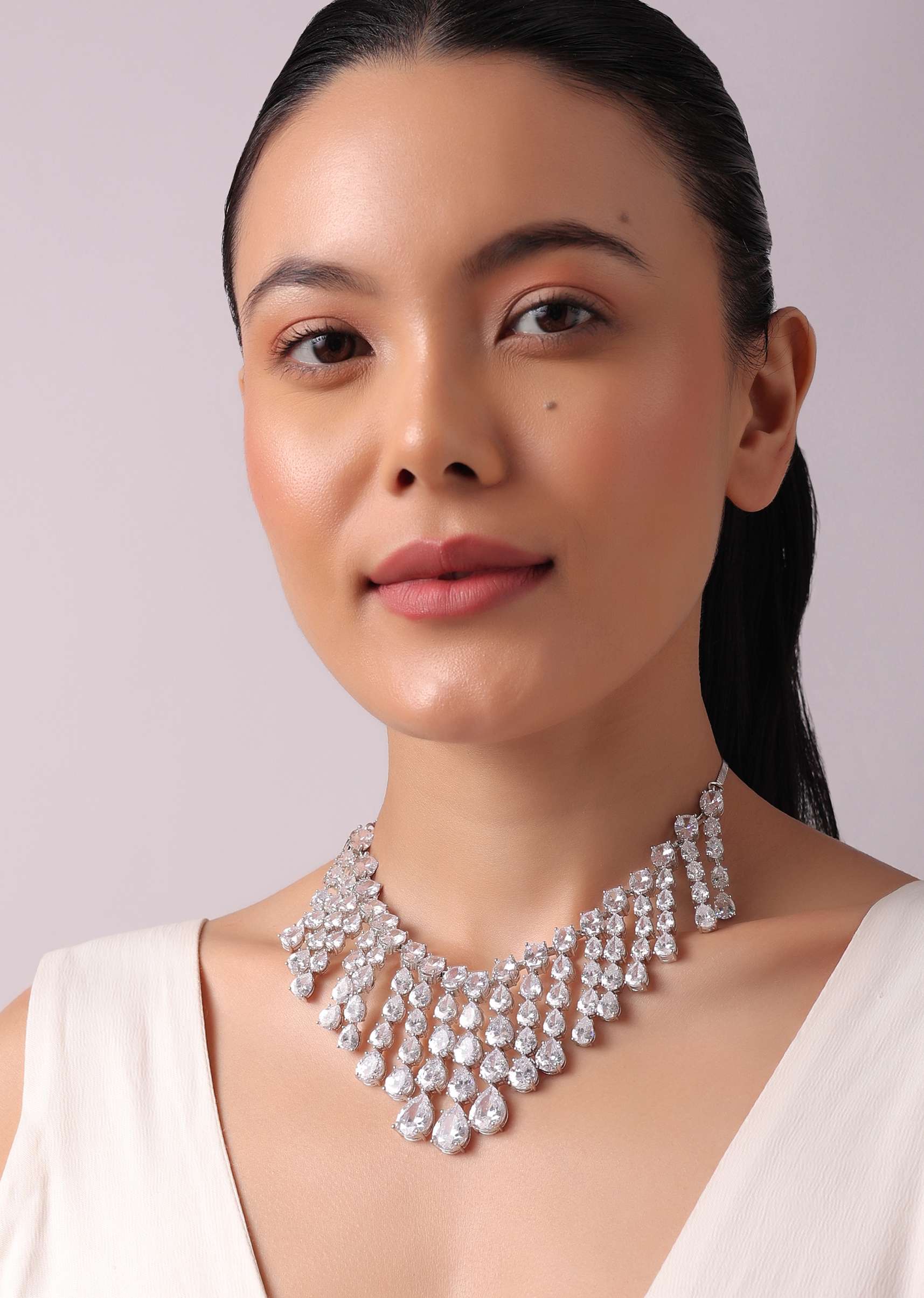 12216-silver-finish-dangling-choker-set-with-faux-diamonds-2.jpg Silver Finish Dangling Choker Set with Faux Diamonds