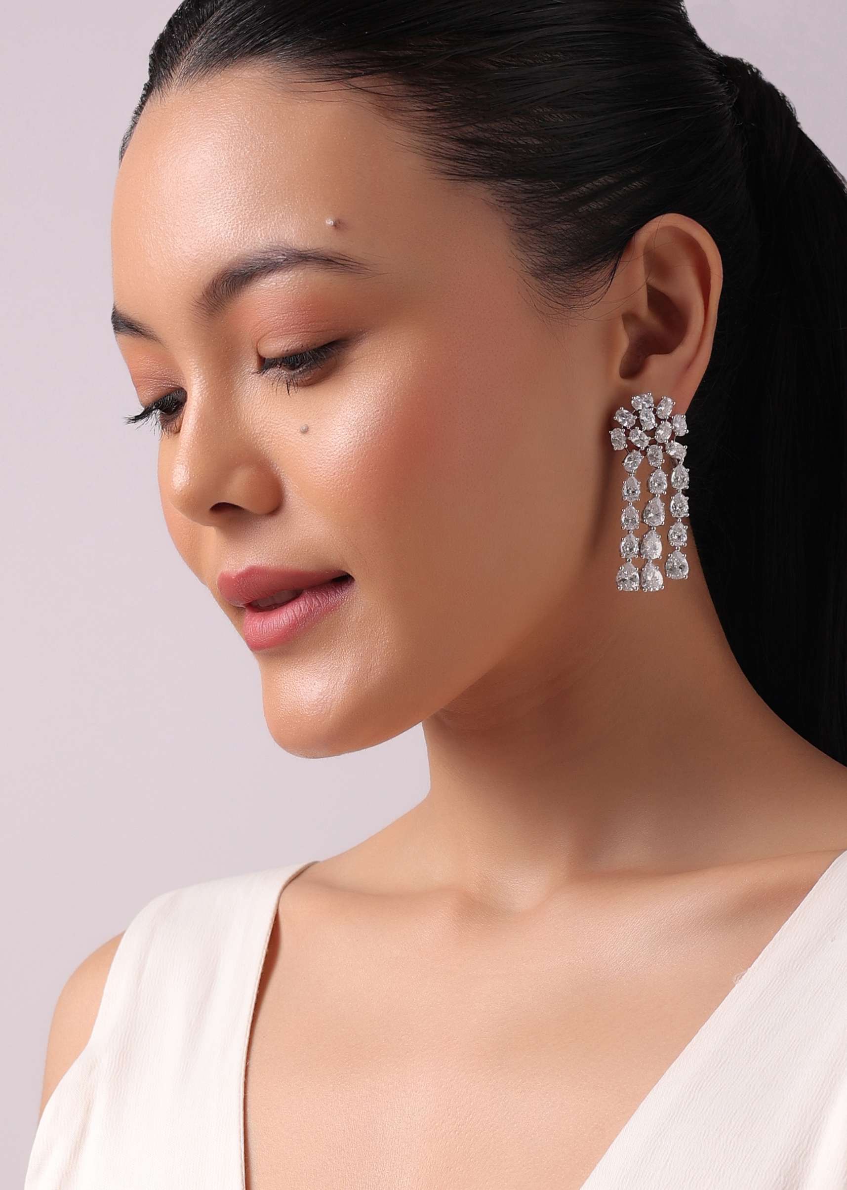 12216-silver-finish-dangling-choker-set-with-faux-diamonds-3.jpg Silver Finish Dangling Choker Set with Faux Diamonds