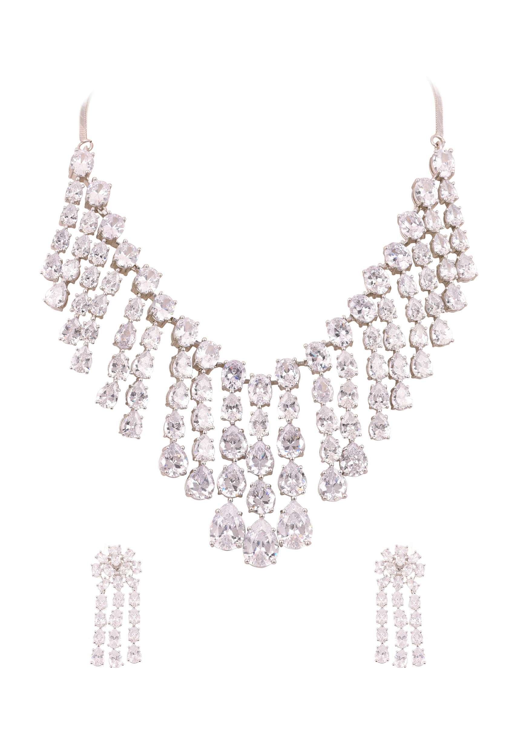 12216-silver-finish-dangling-choker-set-with-faux-diamonds-4.jpg Silver Finish Dangling Choker Set with Faux Diamonds