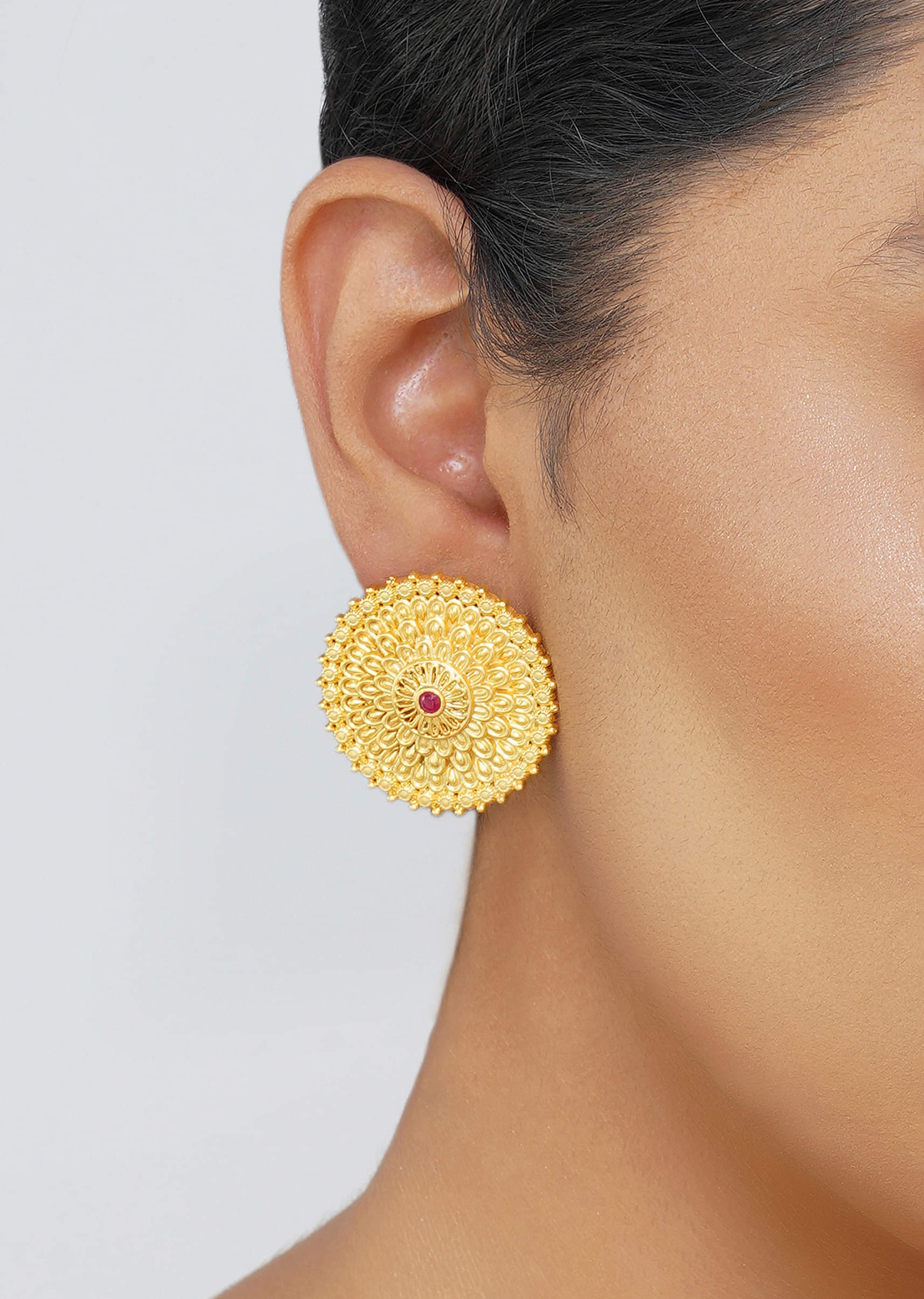 12217-antique-gold-floral-stud-earrings-with-red-zircon-accents-1.jpg Antique Gold Floral Stud Earrings With Red Zircon Accents
