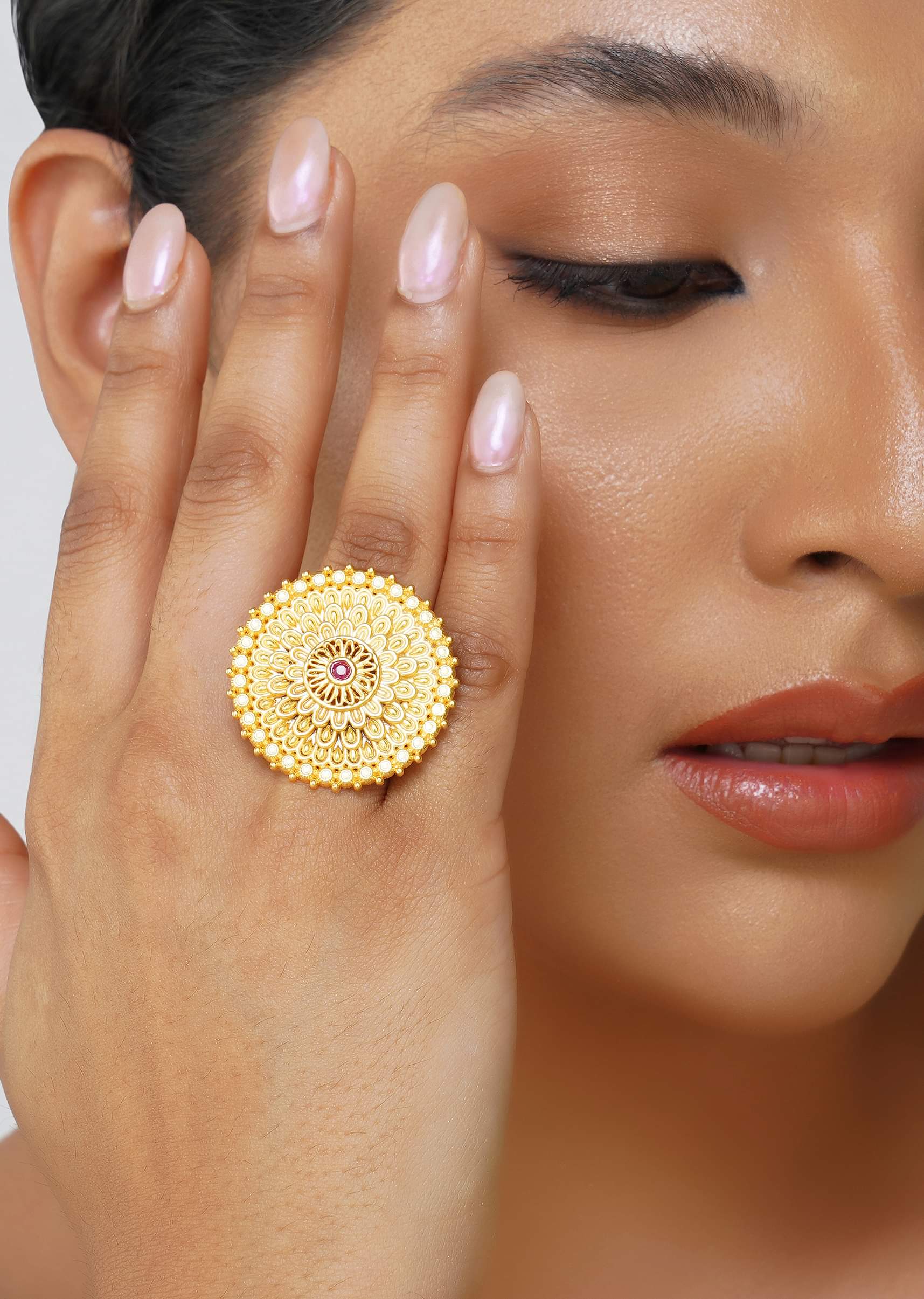 12218-antique-gold-floral-stud-ring-with-zircon-1.jpg Antique Gold Floral Stud Ring With Zircon