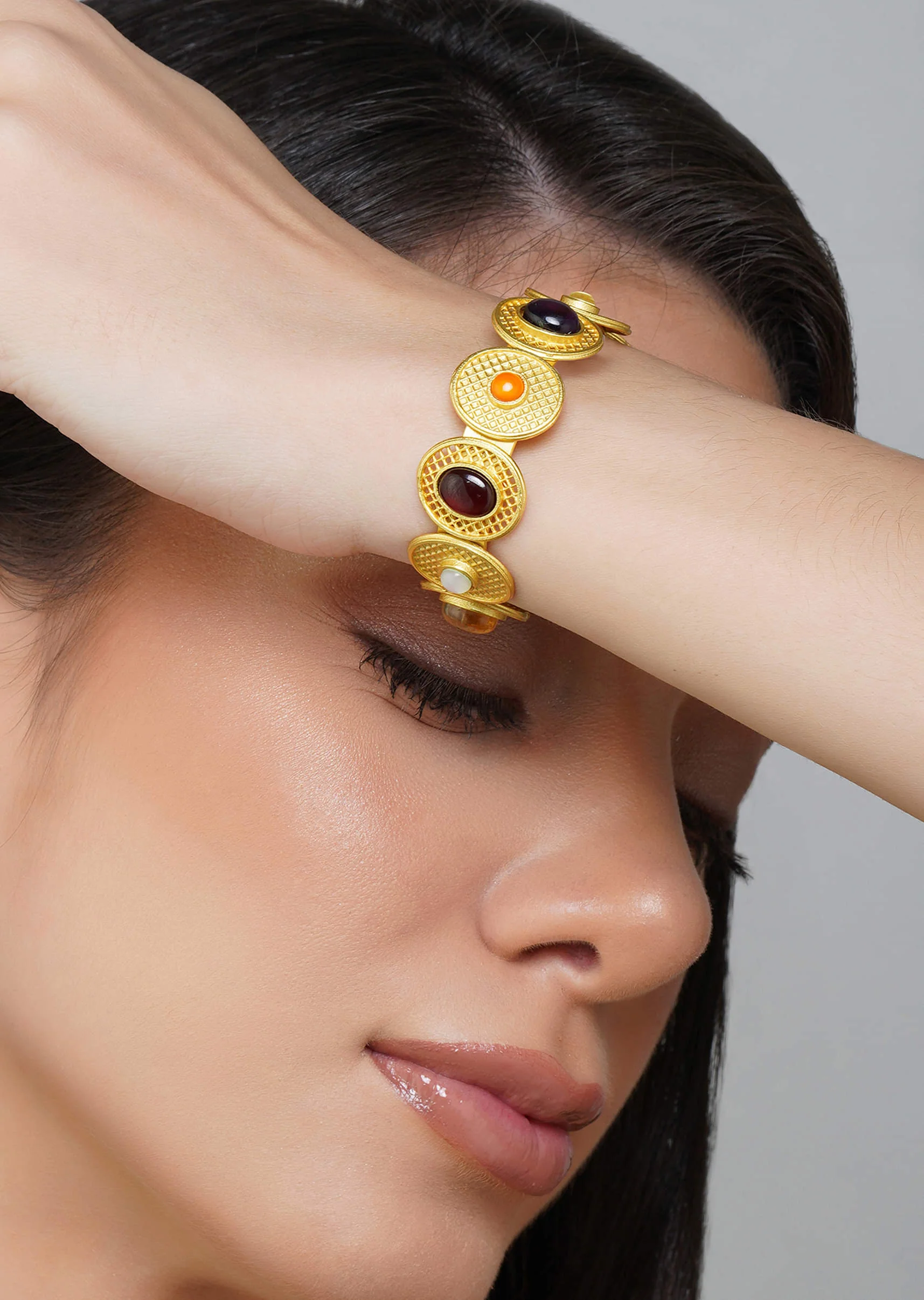 12228-gold-navratan-cuff-bracelet-with-multi-stone-highlights-1.webp Gold Navratan Cuff Bracelet With Multi Stone Highlights
