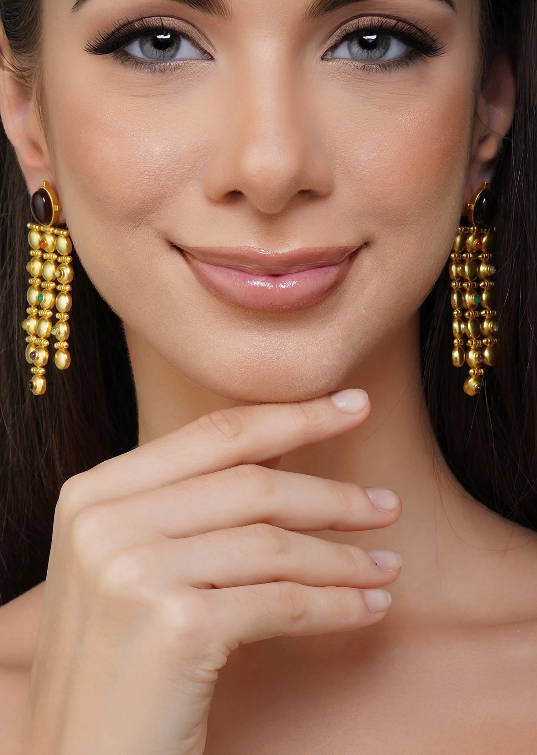 12232-gold-navratna-statement-earrings-with-drops-1.webp Gold Navratna Statement Earrings With Drops