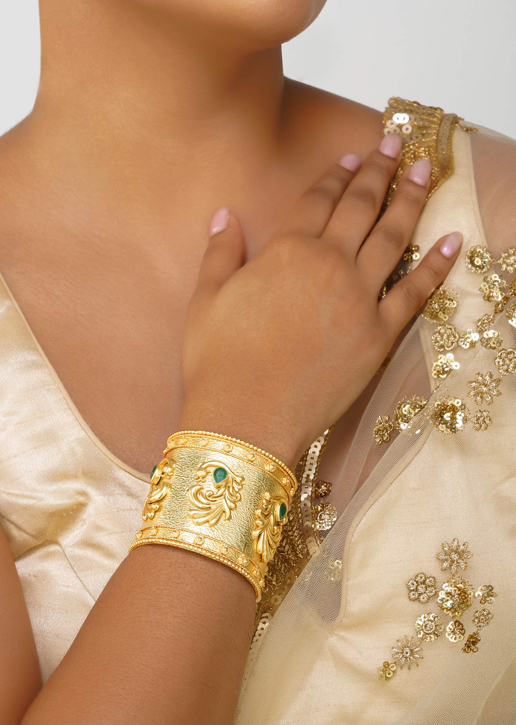 12234-antique-gold-cuff-bracelet-with-peacock-motifs-and-zircon-accents-1.jpg Antique Gold Cuff Bracelet With Peacock Motifs And Zircon Accents