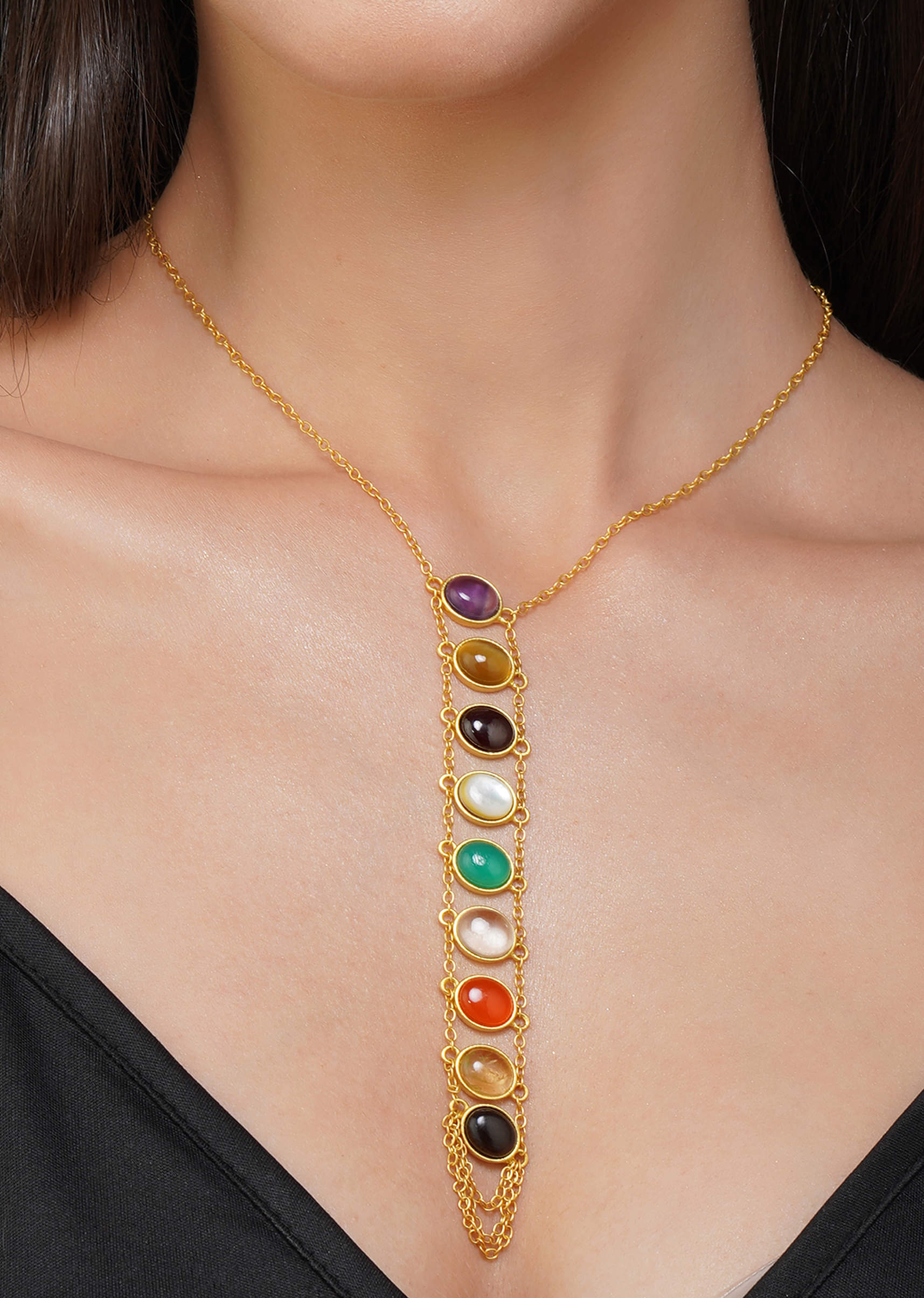 12235-gold-multi-navratan-lariat-necklace-1.jpg Gold Multi Navratan Lariat Necklace