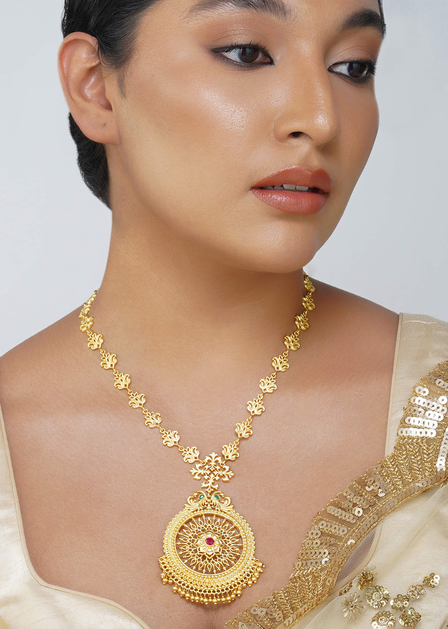 12237-antique-gold-pendant-necklace-with-traditional-chola-inspired-design-1.jpg Antique Gold Pendant Necklace With Traditional Chola Inspired Design