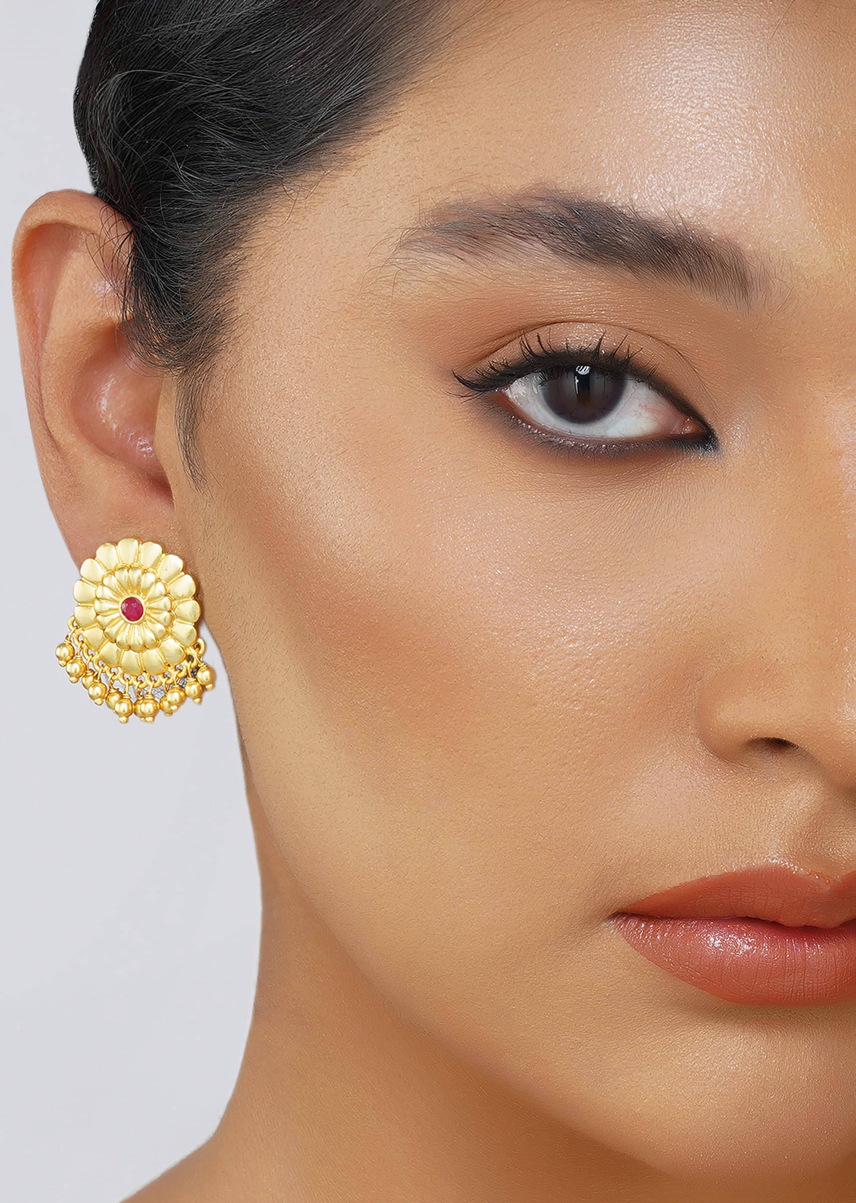 12247-antique-gold-floral-stud-earrings-with-red-zircon-detailing-1.jpg Antique Gold Floral Stud Earrings With Red Zircon Detailing