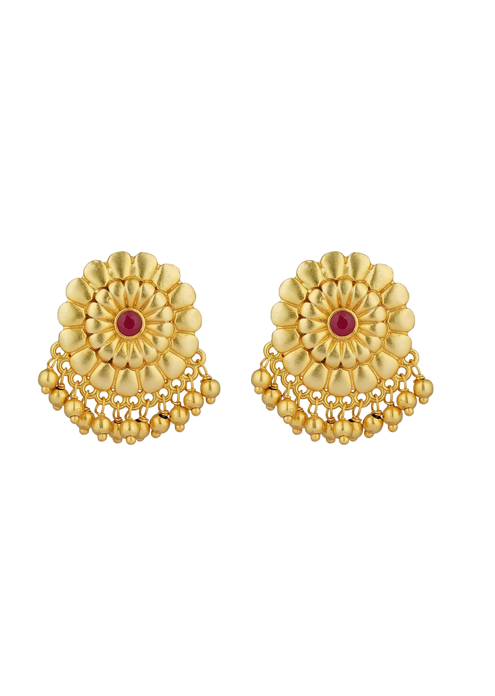 12247-antique-gold-floral-stud-earrings-with-red-zircon-detailing-2.webp Antique Gold Floral Stud Earrings With Red Zircon Detailing