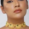 12256-antique-gold-mix-metal-choker-necklace-with-green-accents-1.jpg Antique Gold Mix Metal Choker Necklace With Green Accents