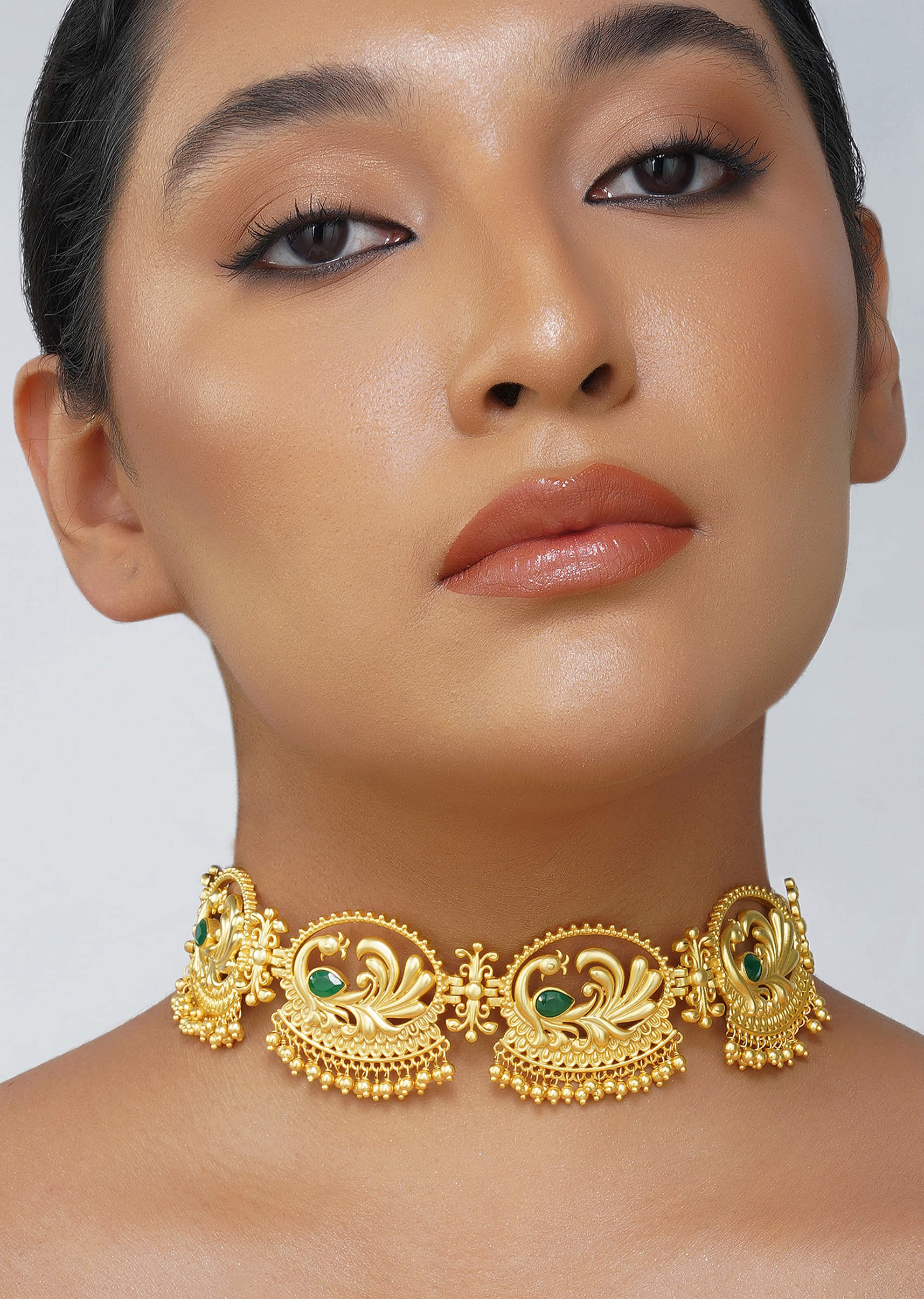12256-antique-gold-mix-metal-choker-necklace-with-green-accents-1.jpg Antique Gold Mix Metal Choker Necklace With Green Accents