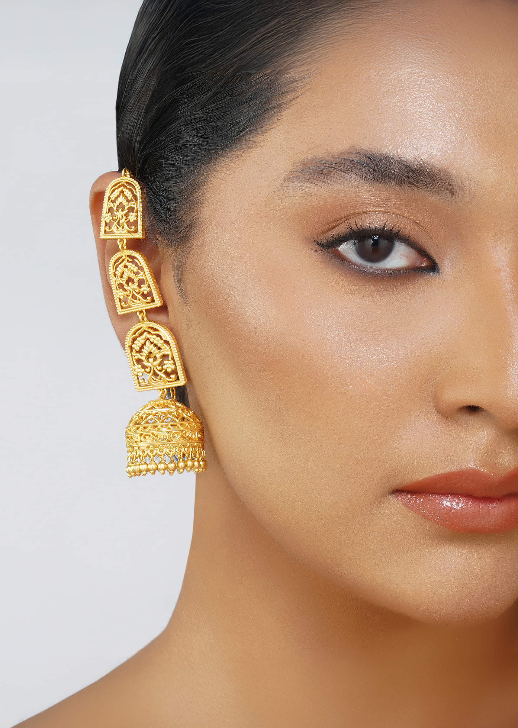 12257-antique-gold-bareilly-jhumka-earrings-with-layered-dome-design-1.jpg Antique Gold Bareilly Jhumka Earrings With Layered Dome Design