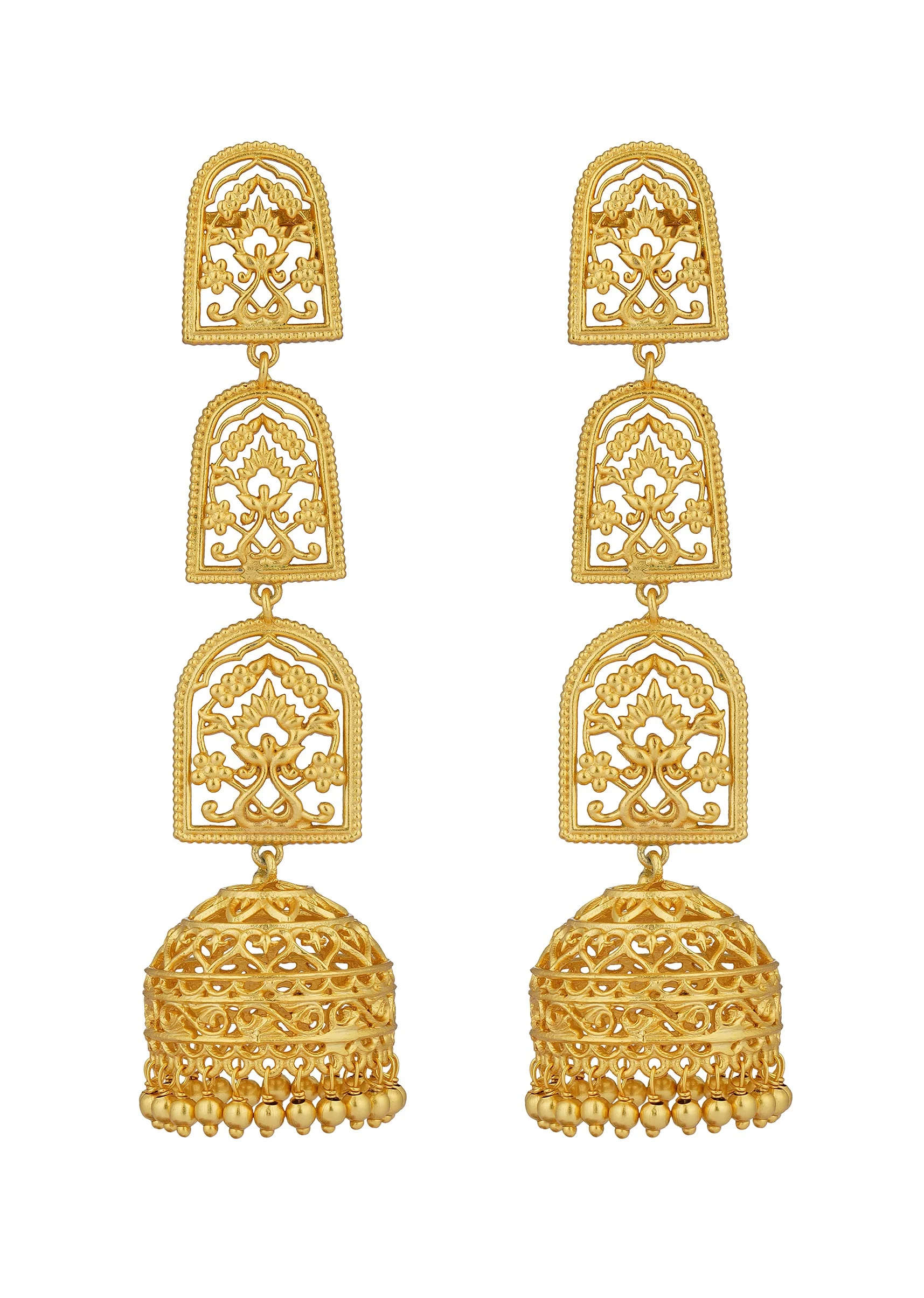 12257-antique-gold-bareilly-jhumka-earrings-with-layered-dome-design-2.webp Antique Gold Bareilly Jhumka Earrings With Layered Dome Design