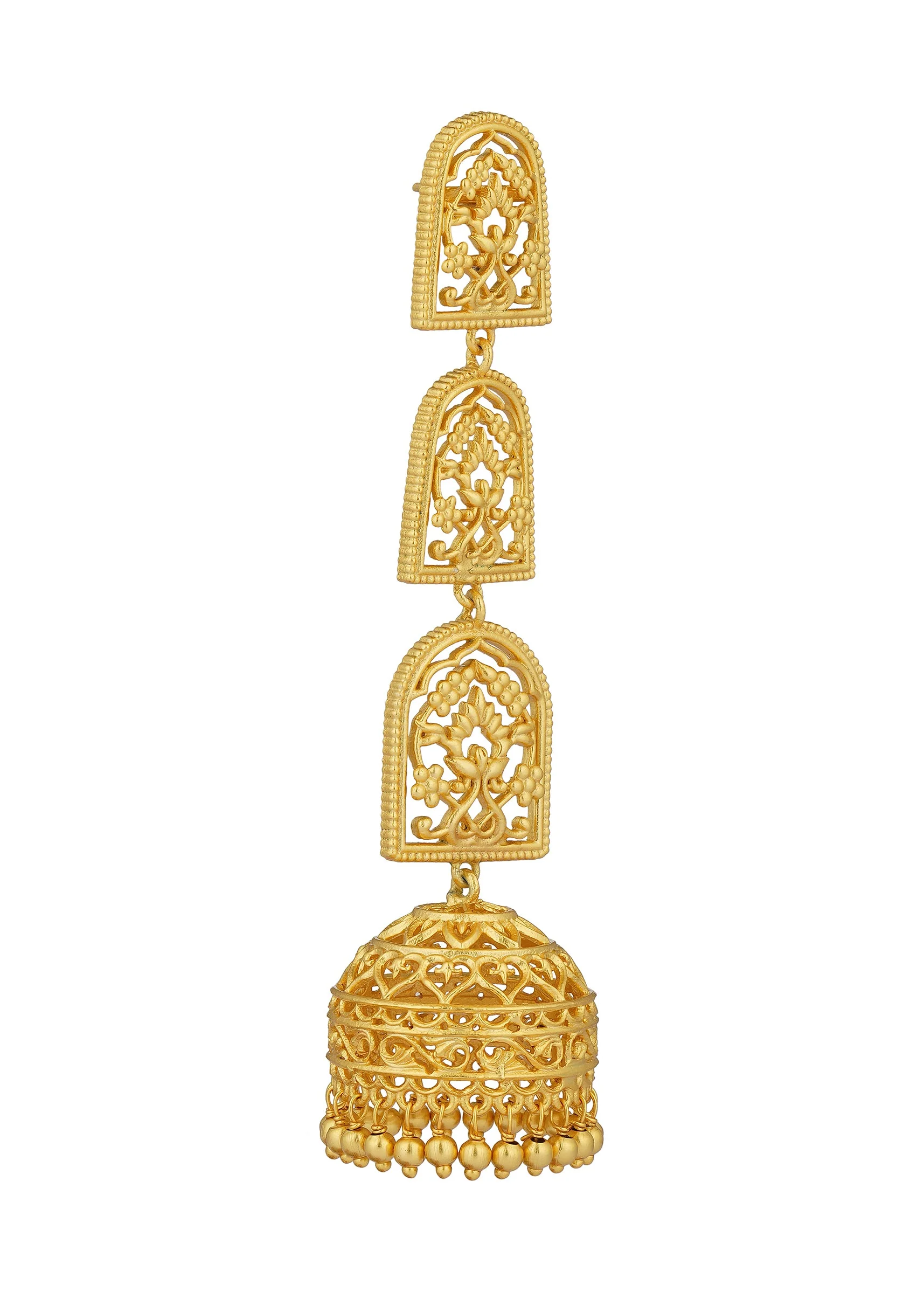12257-antique-gold-bareilly-jhumka-earrings-with-layered-dome-design-3.webp Antique Gold Bareilly Jhumka Earrings With Layered Dome Design
