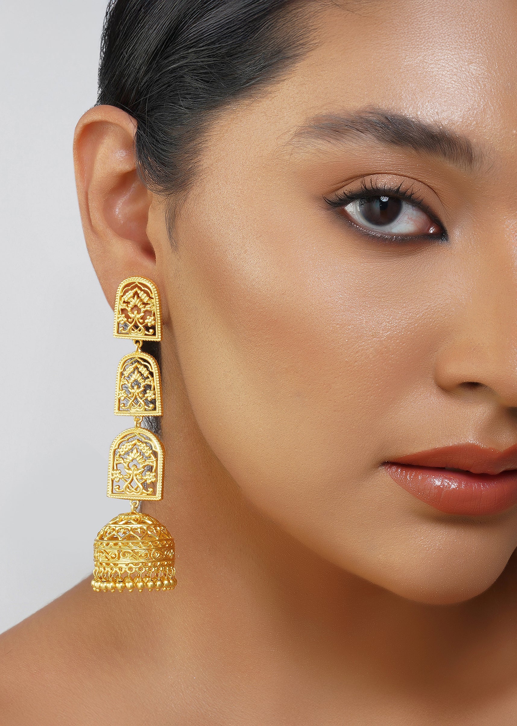 12257-antique-gold-bareilly-jhumka-earrings-with-layered-dome-design-4.jpg Antique Gold Bareilly Jhumka Earrings With Layered Dome Design