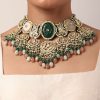 12258-green-kundan-choker-set-with-carved-stones-and-pink-beads-2.jpg Green Kundan Choker Set With Carved Stones And Pink Beads