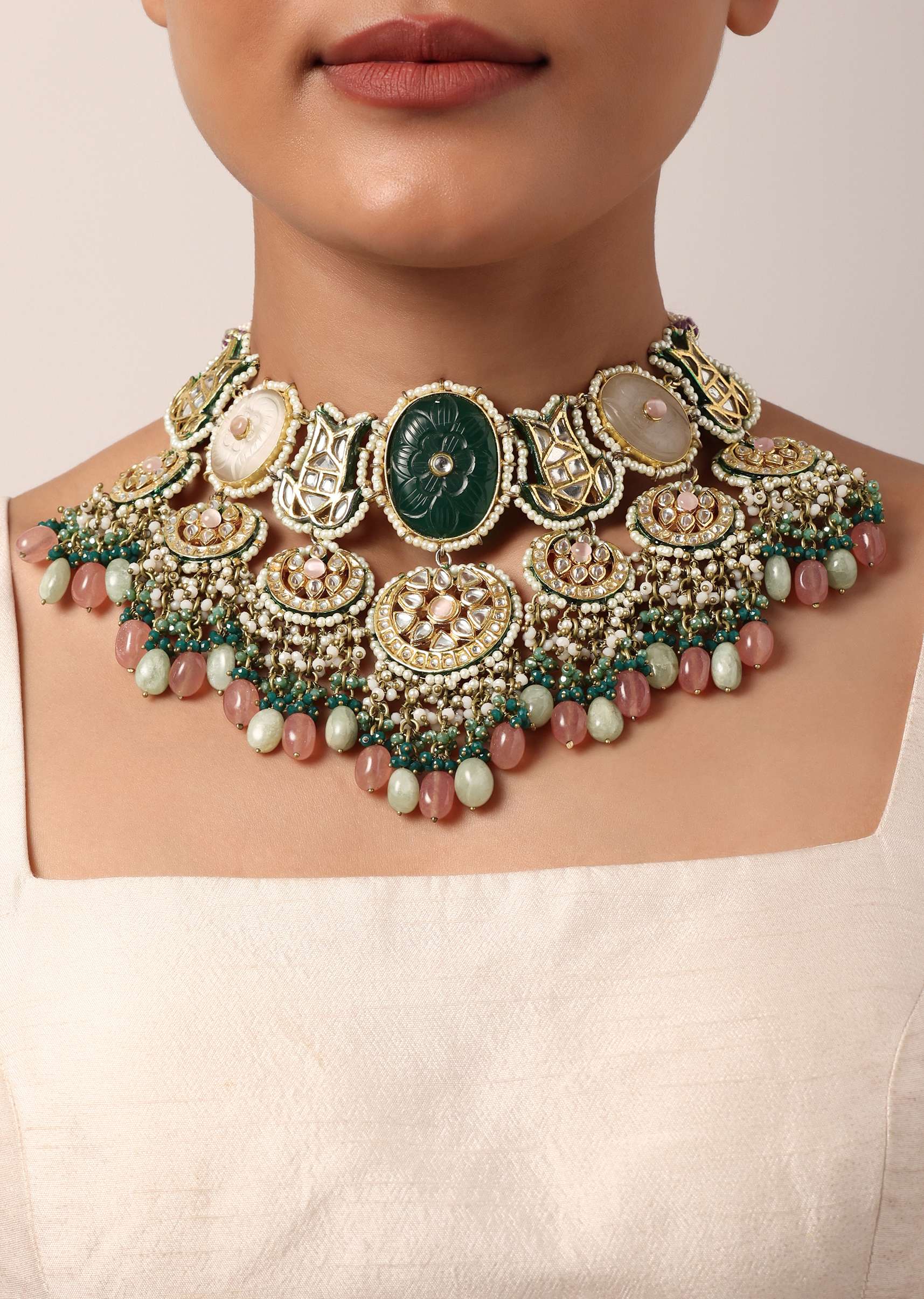 12258-green-kundan-choker-set-with-carved-stones-and-pink-beads-2.jpg Green Kundan Choker Set With Carved Stones And Pink Beads