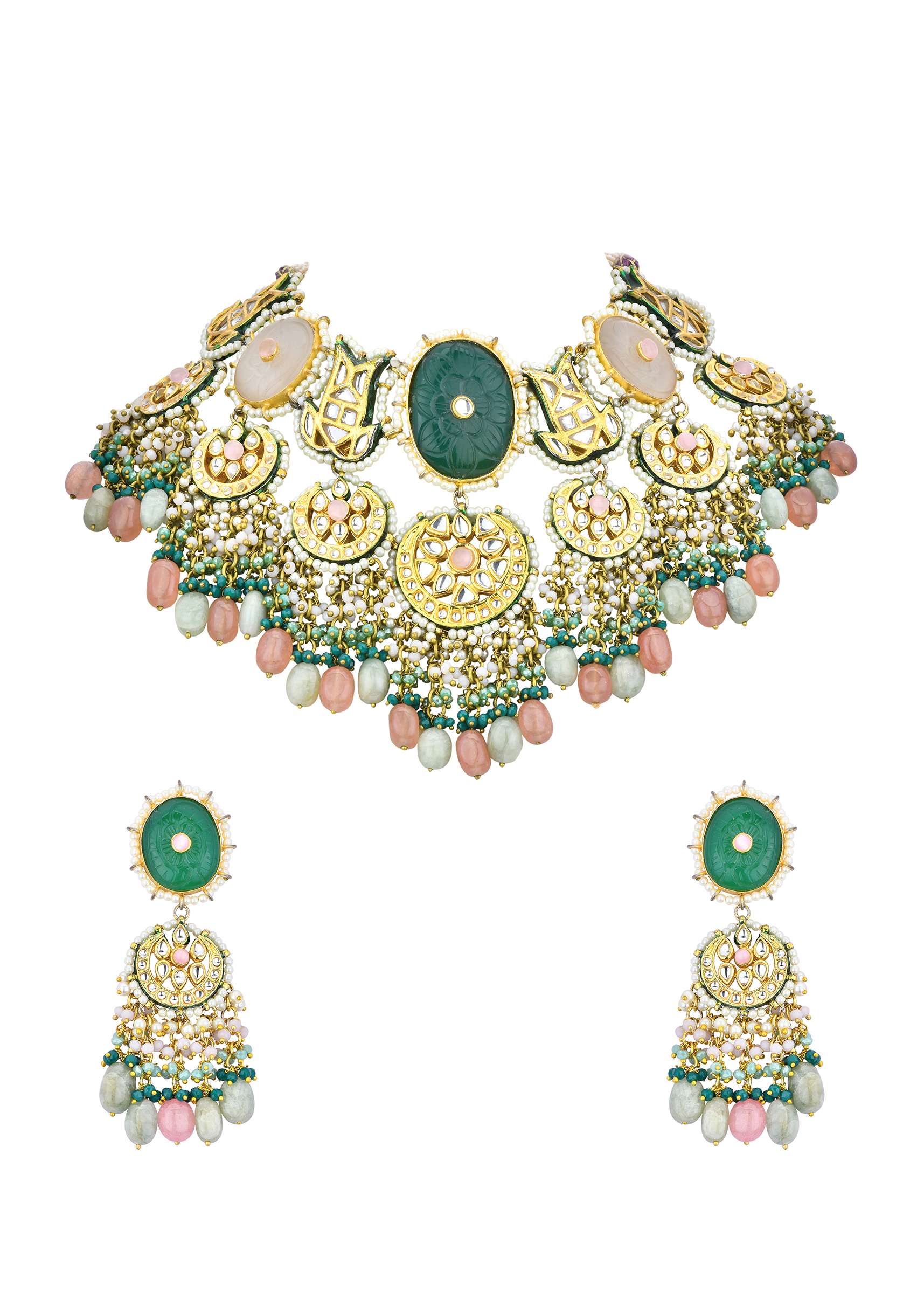 12258-green-kundan-choker-set-with-carved-stones-and-pink-beads-4.jpg Green Kundan Choker Set With Carved Stones And Pink Beads