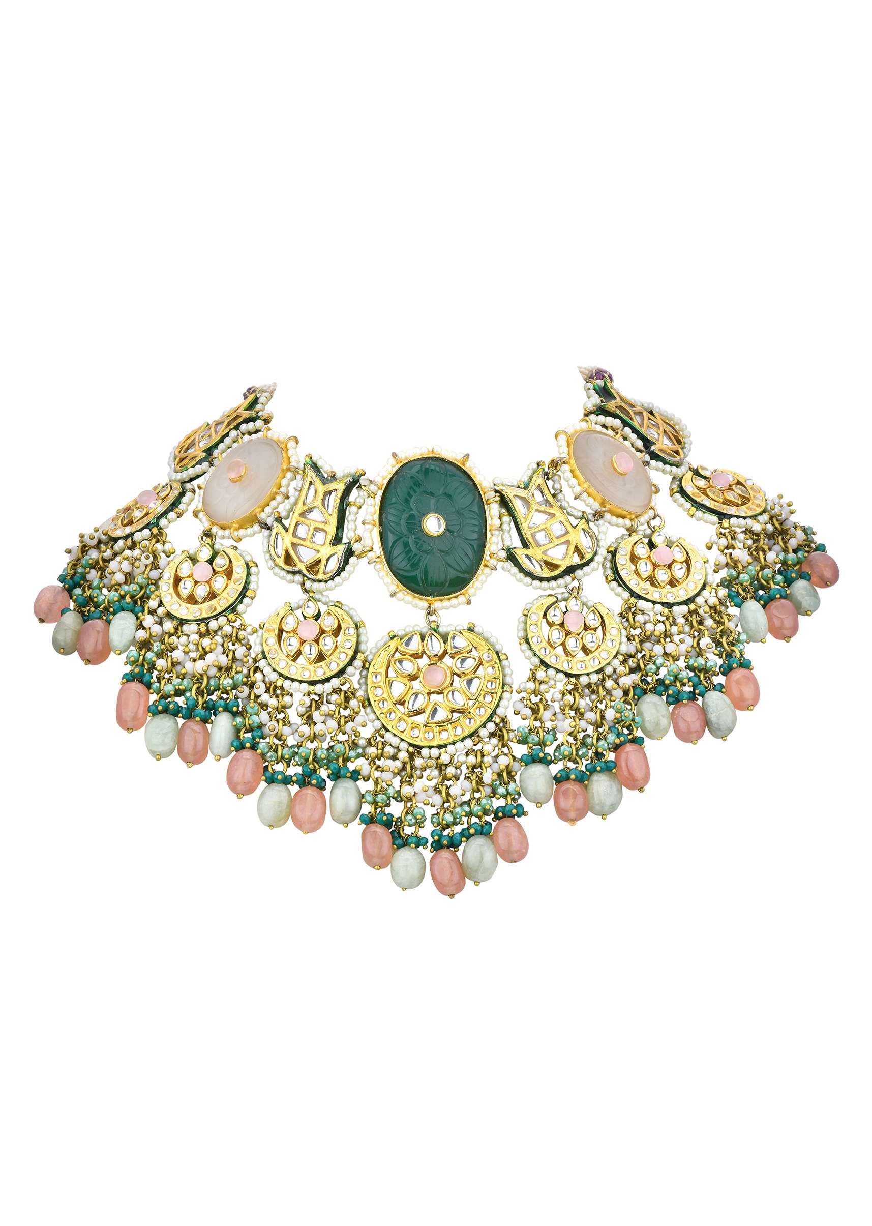 12258-green-kundan-choker-set-with-carved-stones-and-pink-beads-5.jpg Green Kundan Choker Set With Carved Stones And Pink Beads