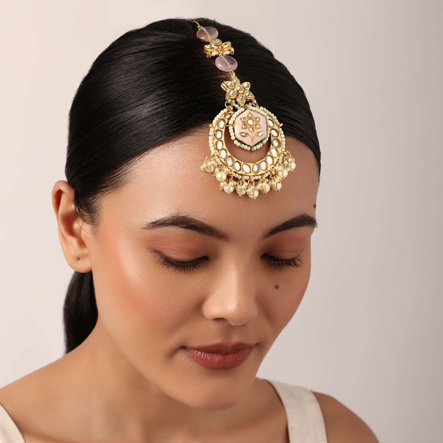 12259-pink-maangtikka-with-pearl-drops-and-meenakari-motif-1.jpg Pink Maangtikka With Pearl Drops And Meenakari Motif