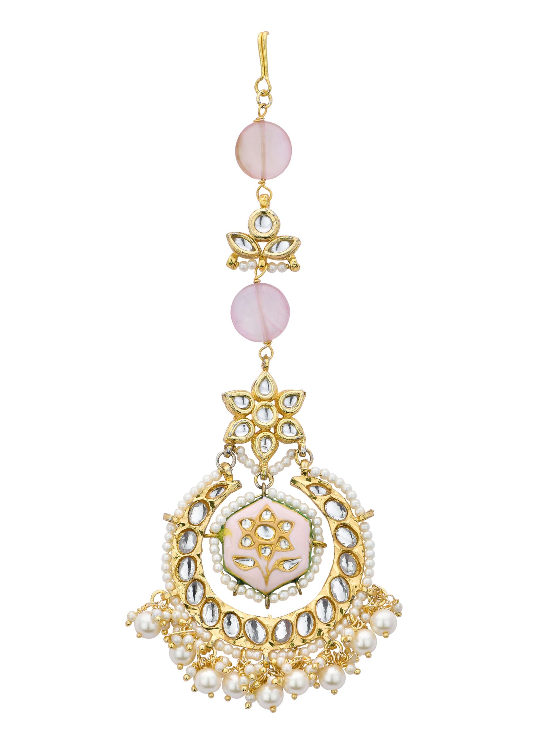 12259-pink-maangtikka-with-pearl-drops-and-meenakari-motif-2.jpg Pink Maangtikka With Pearl Drops And Meenakari Motif