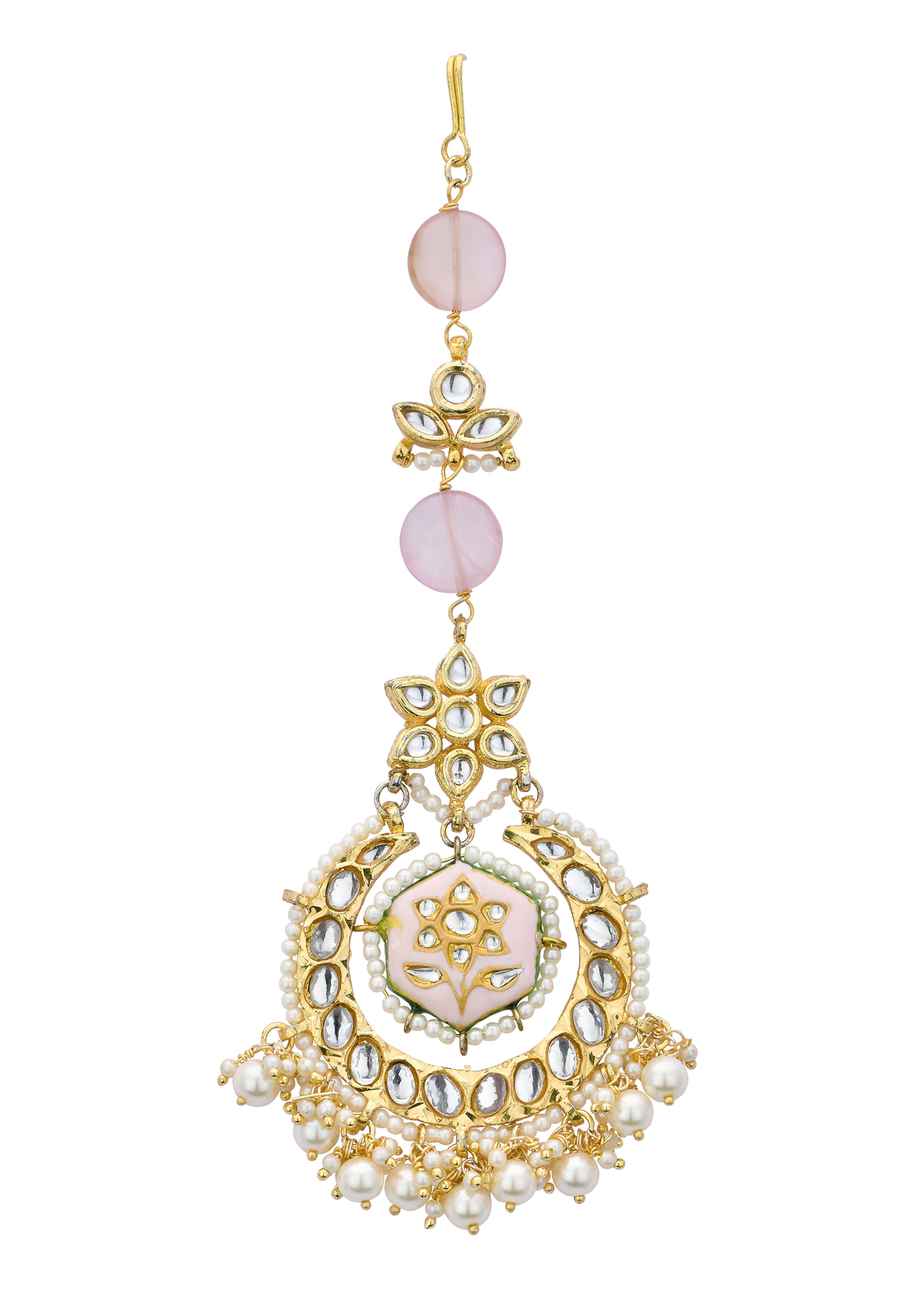 12259-pink-maangtikka-with-pearl-drops-and-meenakari-motif-2.jpg Pink Maangtikka With Pearl Drops And Meenakari Motif