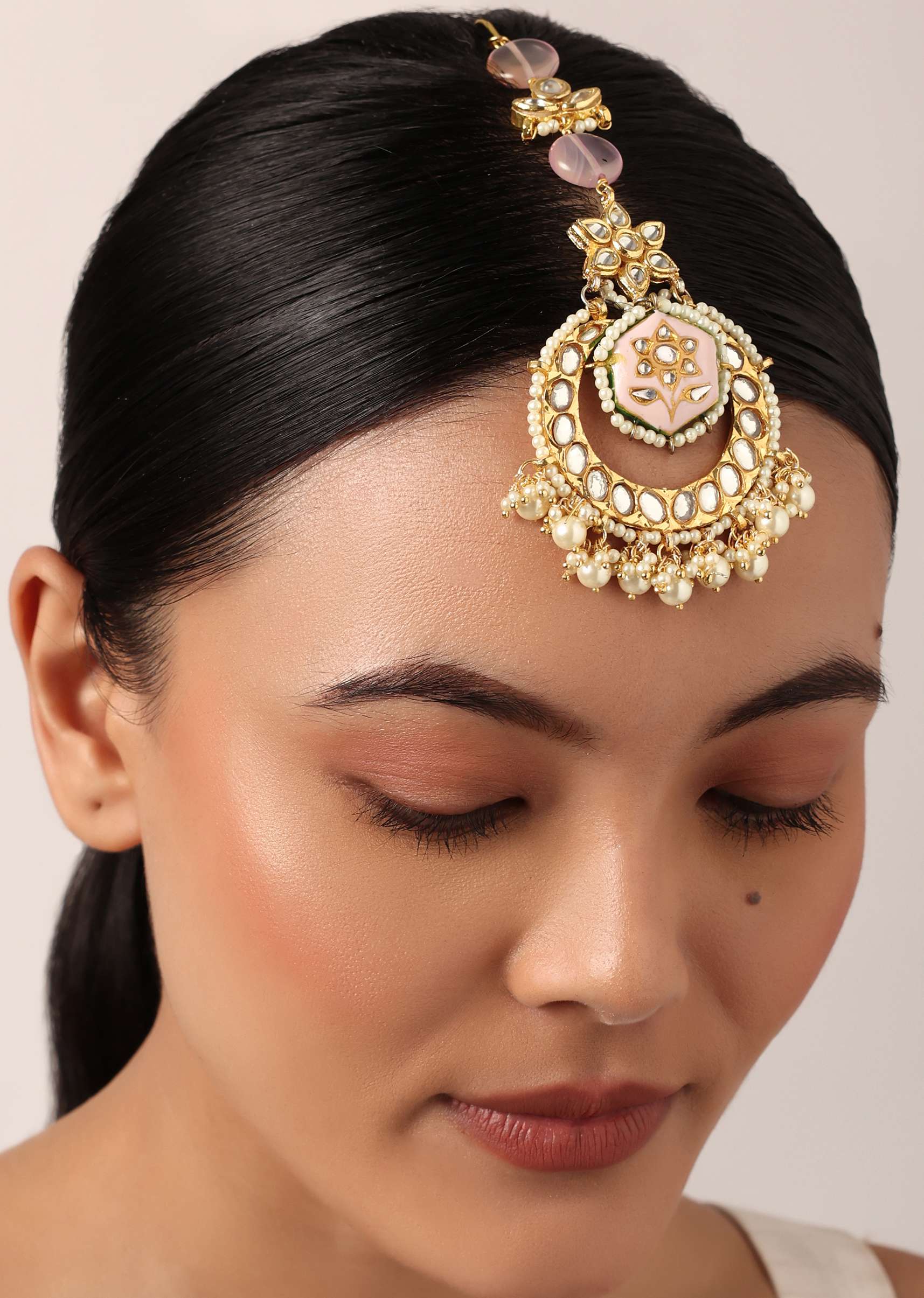 12259-pink-maangtikka-with-pearl-drops-and-meenakari-motif-3.jpg Pink Maangtikka With Pearl Drops And Meenakari Motif