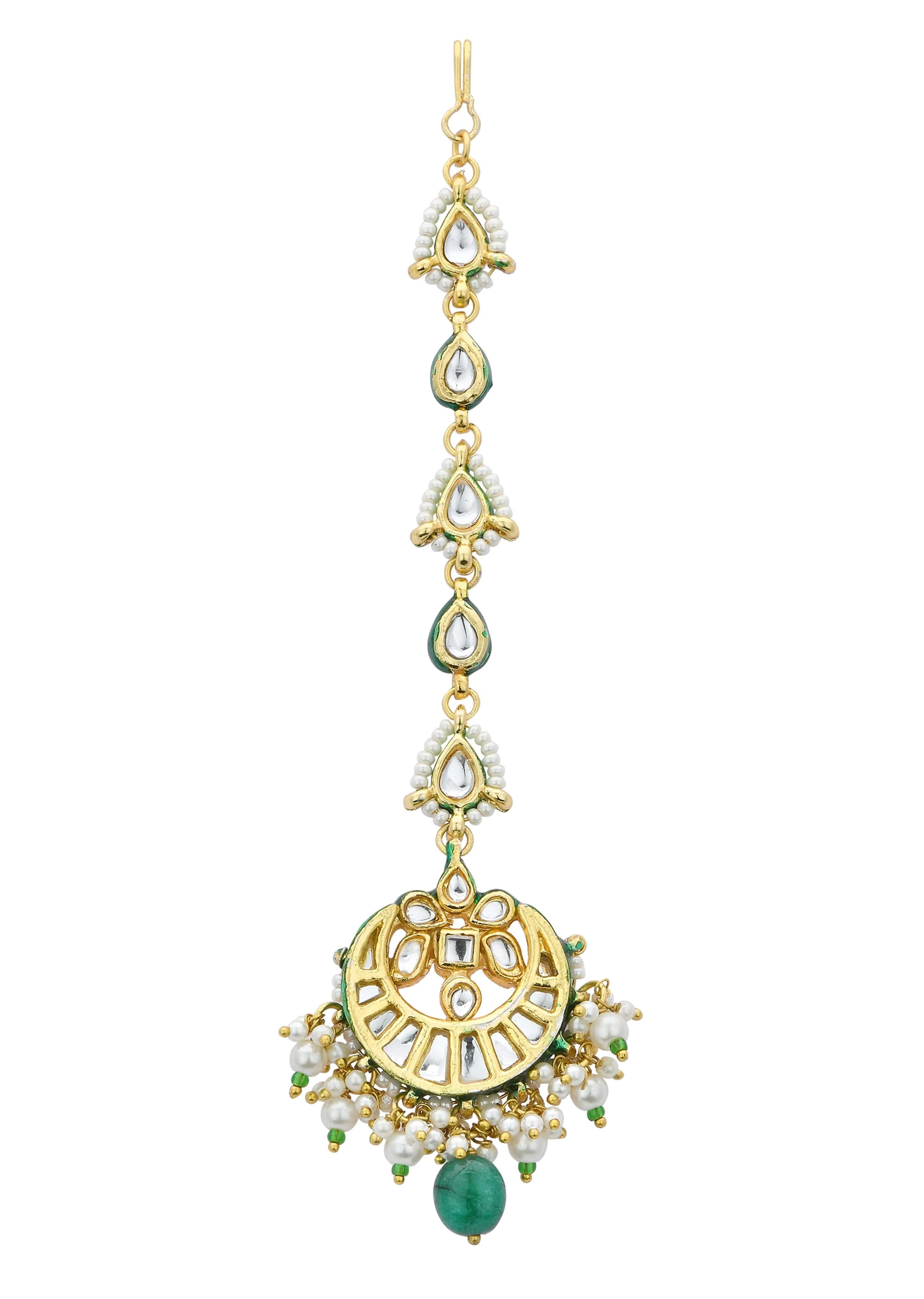 Gold Finish Crescent Mangtikka With Pearl And Green Drops