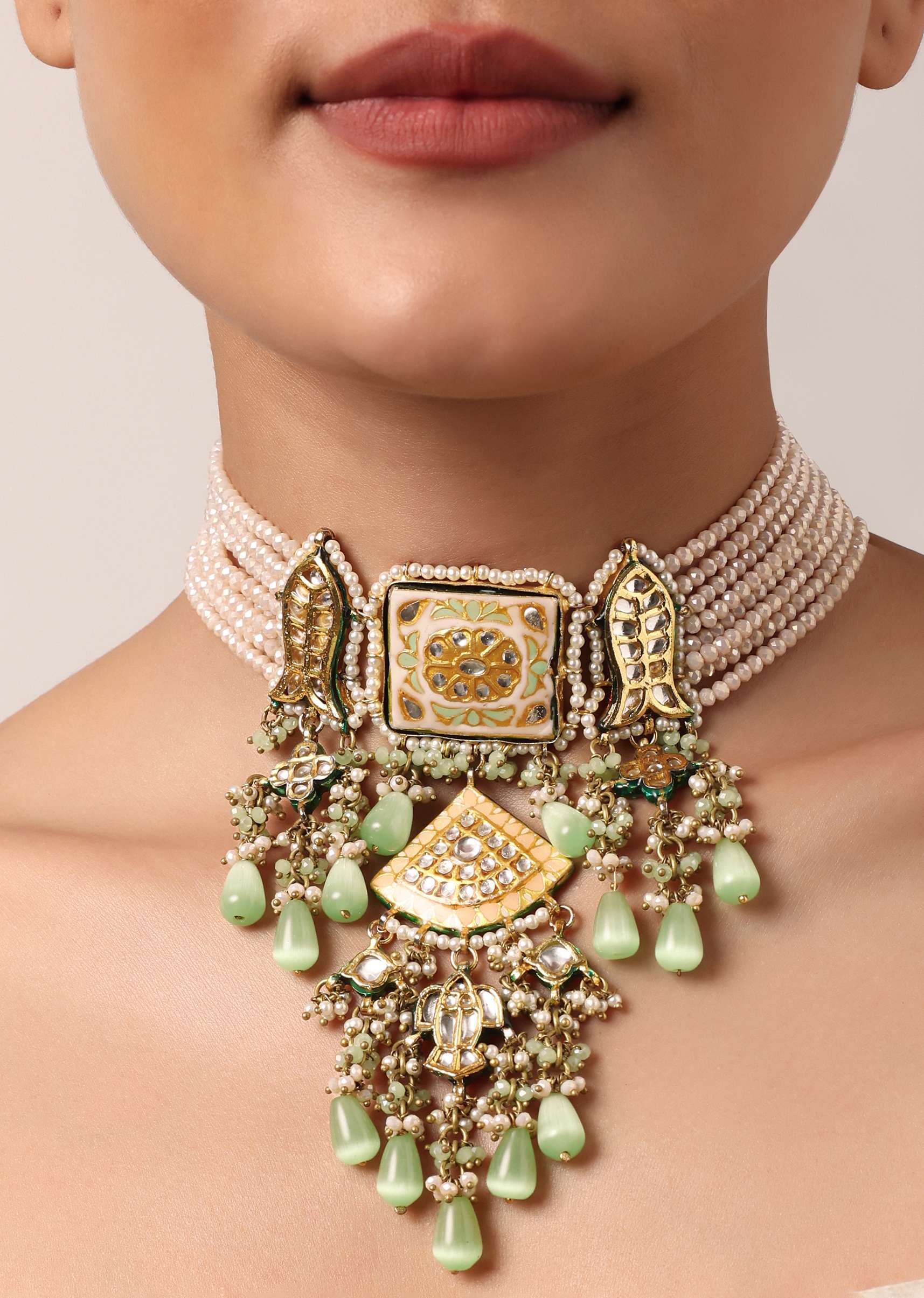 12261-pink-kundan-choker-set-with-green-bead-drops-2.jpg Pink Kundan Choker Set With Green Bead Drops
