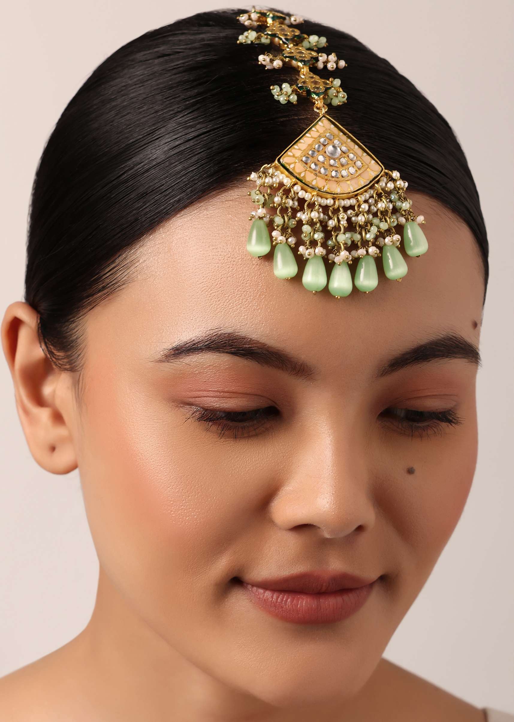 12261-pink-kundan-choker-set-with-green-bead-drops-4.jpg Pink Kundan Choker Set With Green Bead Drops