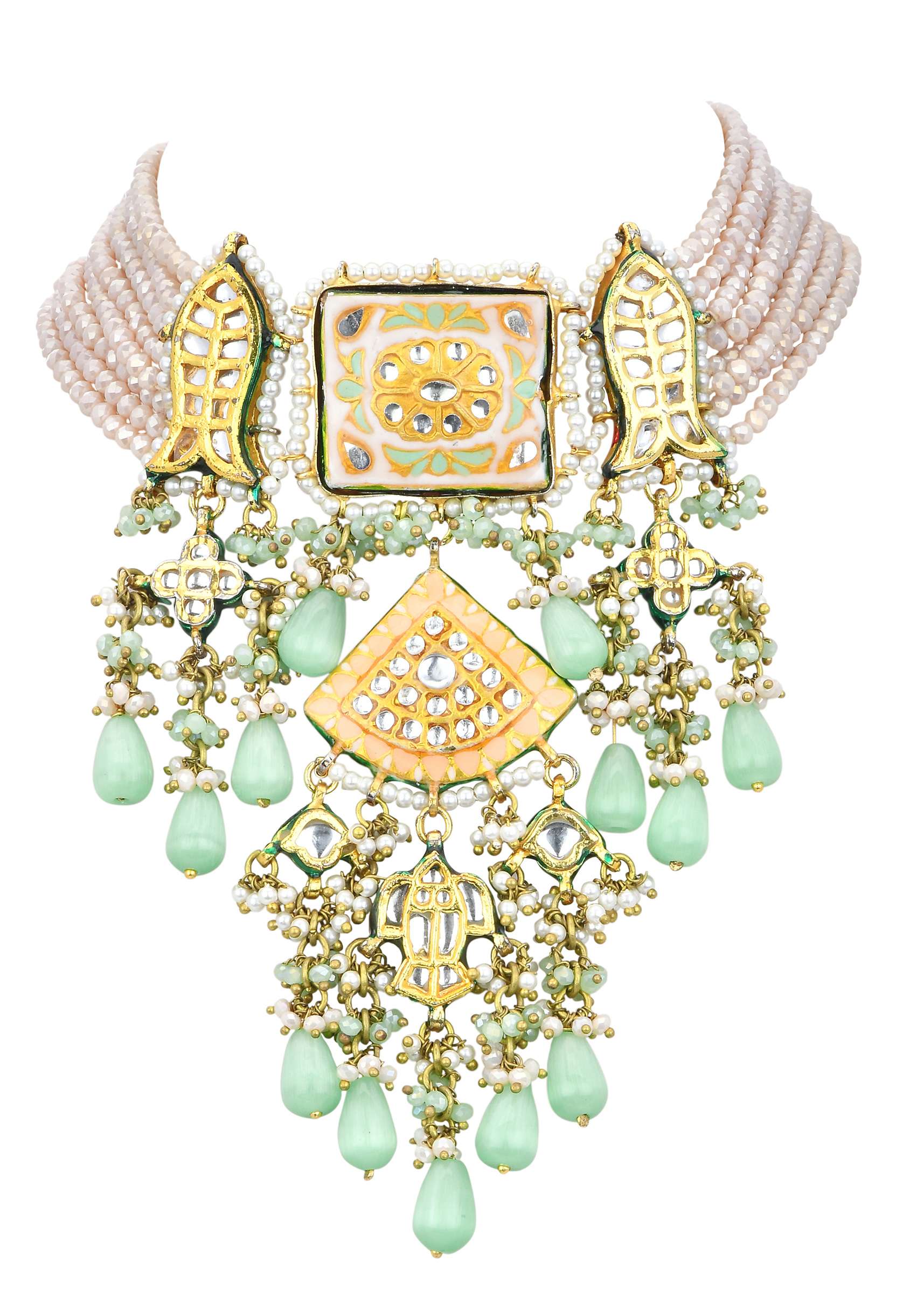 12261-pink-kundan-choker-set-with-green-bead-drops-5.jpg Pink Kundan Choker Set With Green Bead Drops