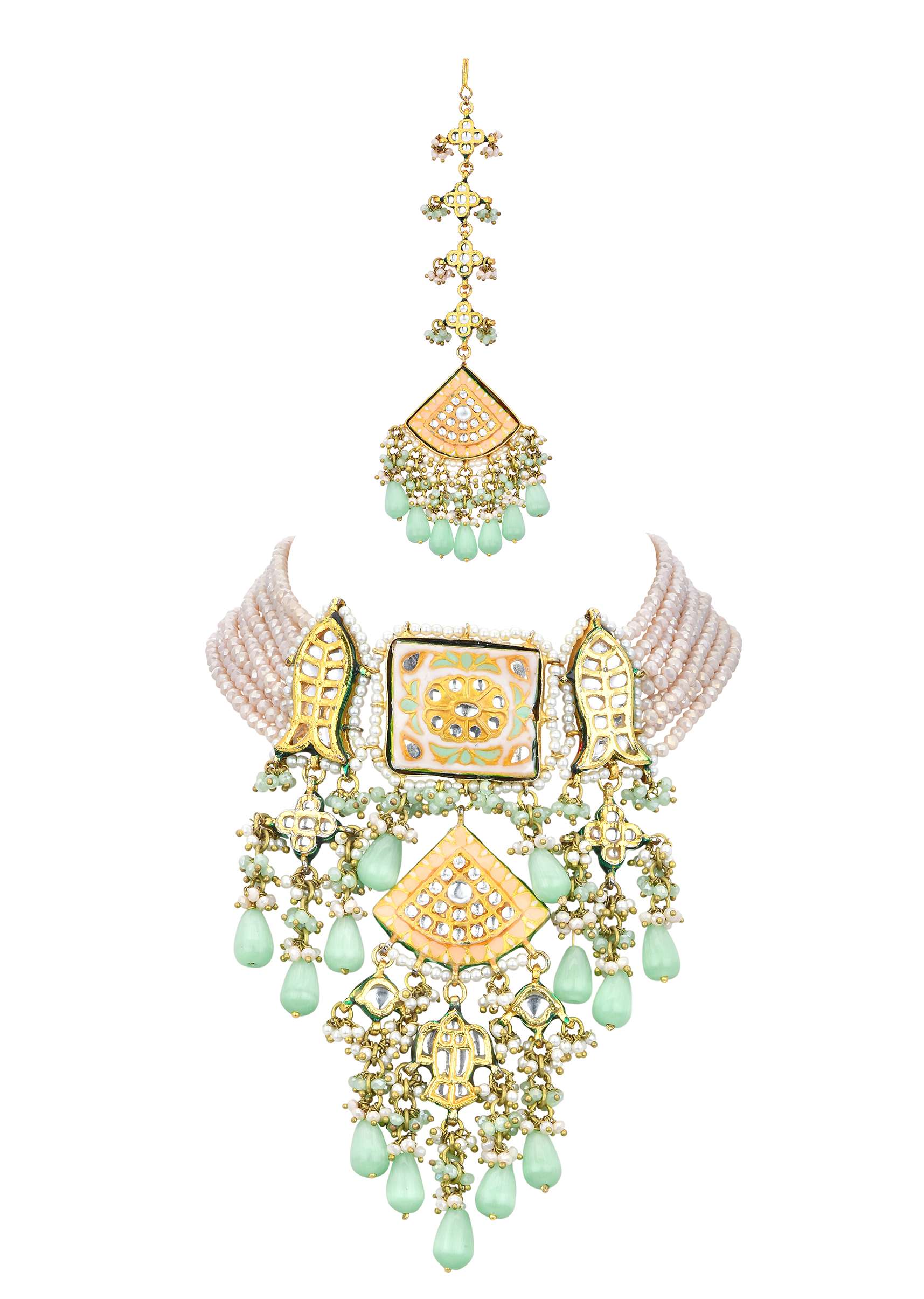12261-pink-kundan-choker-set-with-green-bead-drops-6.jpg Pink Kundan Choker Set With Green Bead Drops