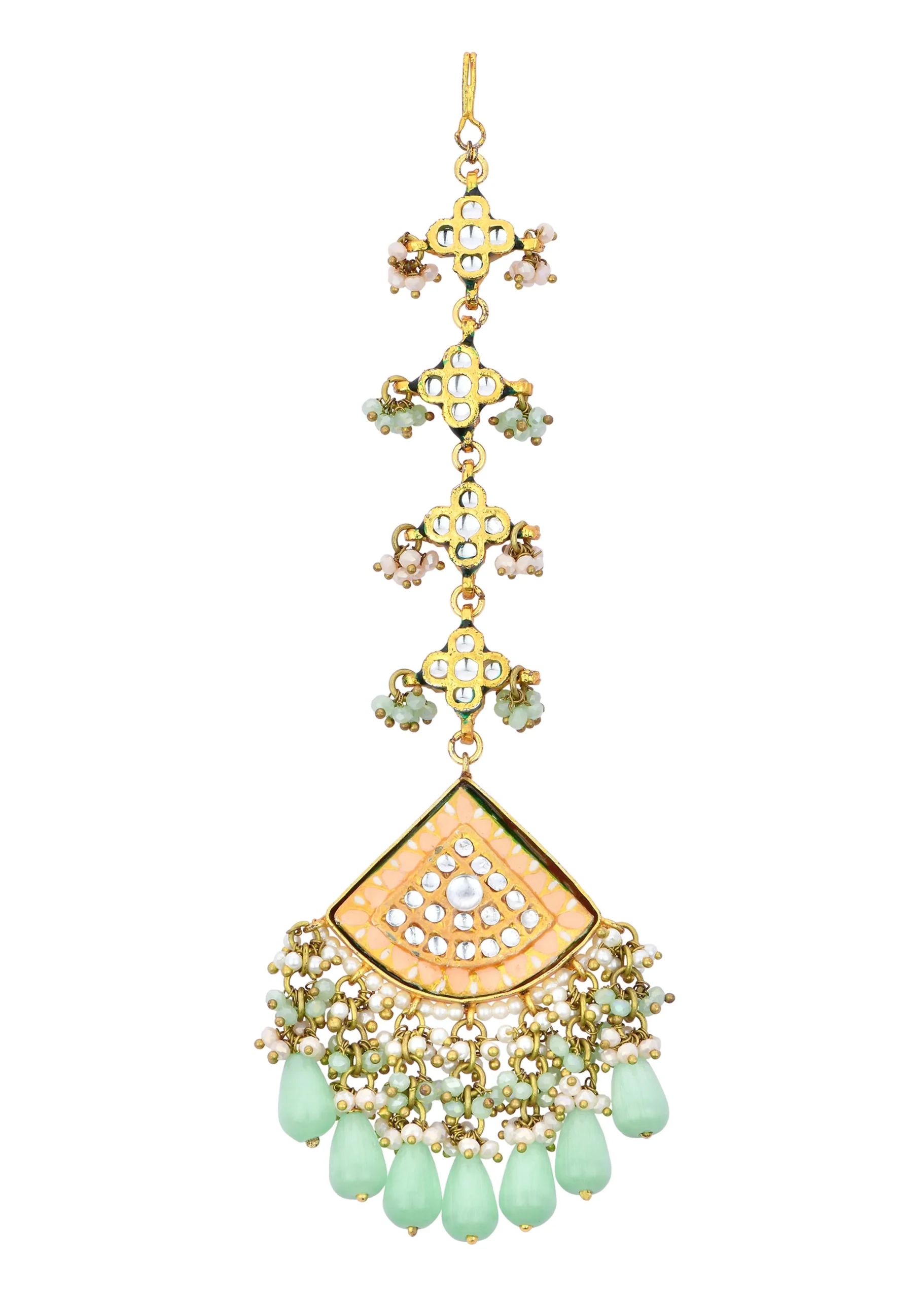 Pink Kundan Choker Set With Green Bead Drops