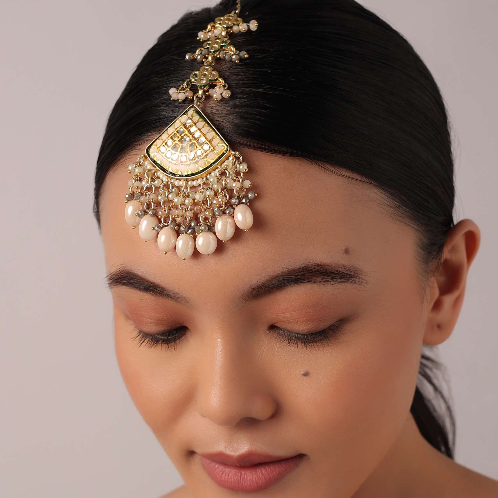 12262-pink-meenakari-maangtikka-with-off-white-bead-drops-1.jpg Pink Meenakari Maangtikka With Off White Bead Drops