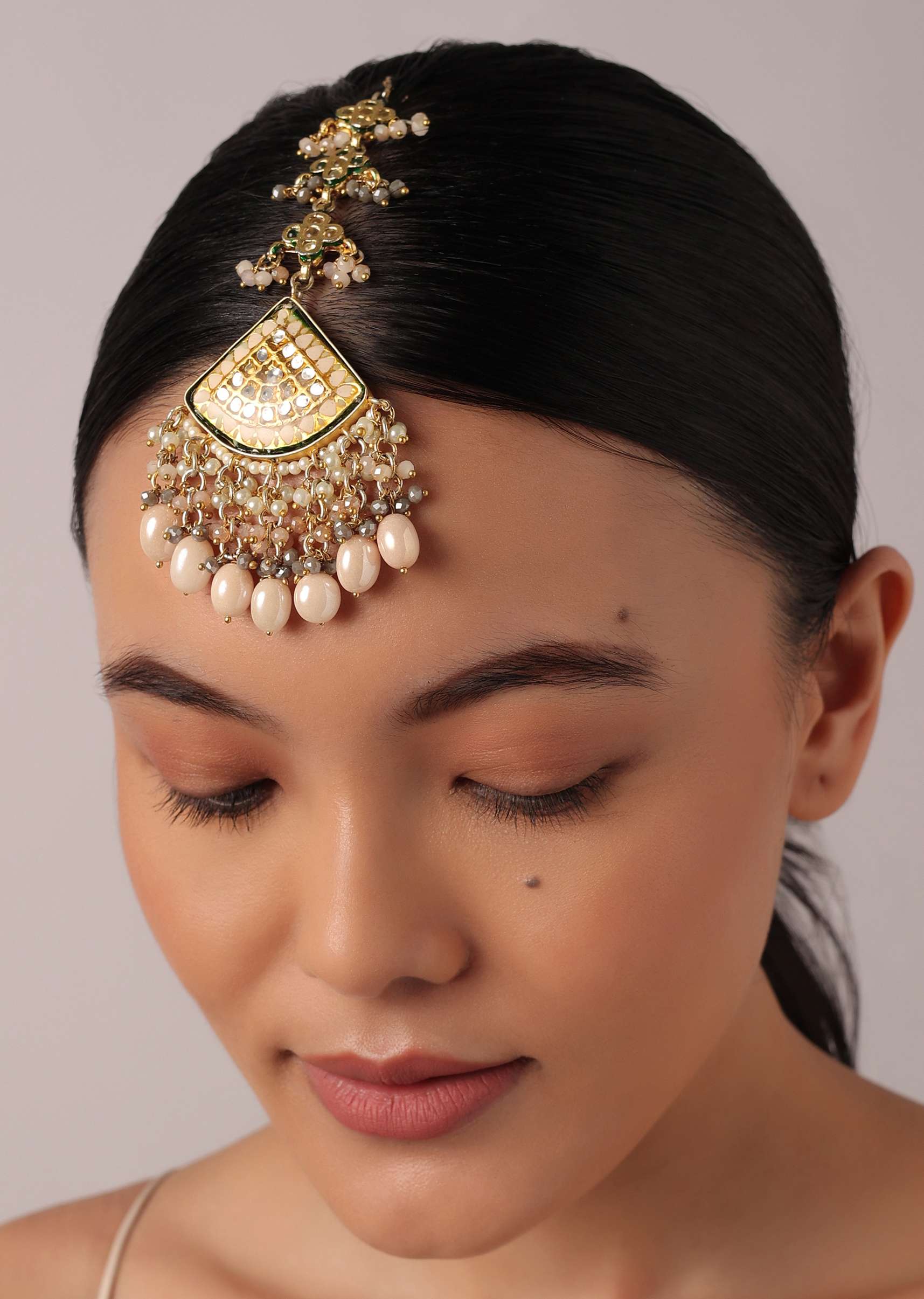 12262-pink-meenakari-maangtikka-with-off-white-bead-drops-2.jpg Pink Meenakari Maangtikka With Off White Bead Drops