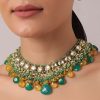 12263-green-and-orange-necklace-set-with-bead-drops-and-studded-kundan-polki-1.jpg Green And Orange Necklace Set With Bead Drops And Studded Kundan Polki