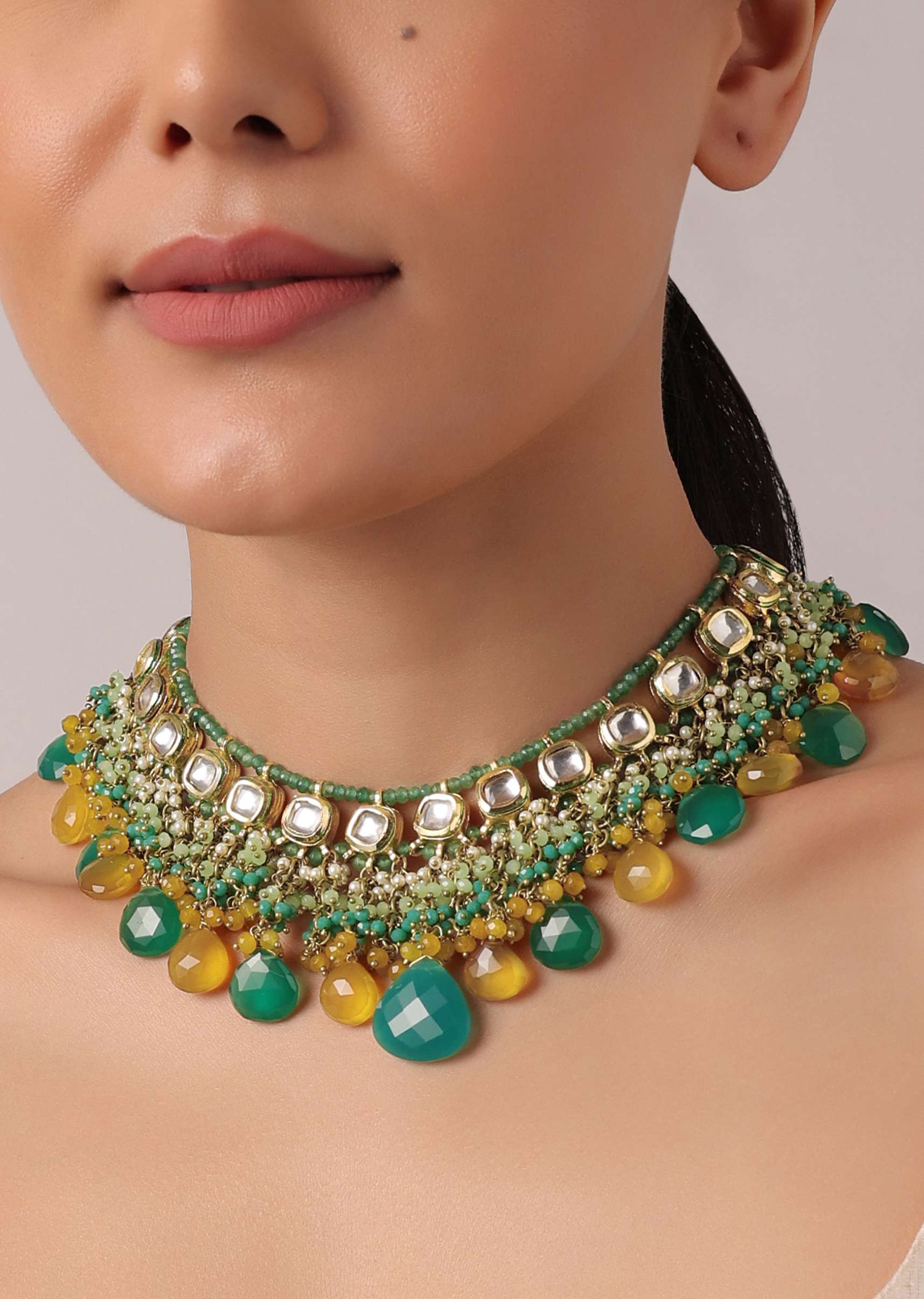 12263-green-and-orange-necklace-set-with-bead-drops-and-studded-kundan-polki-1.jpg Green And Orange Necklace Set With Bead Drops And Studded Kundan Polki