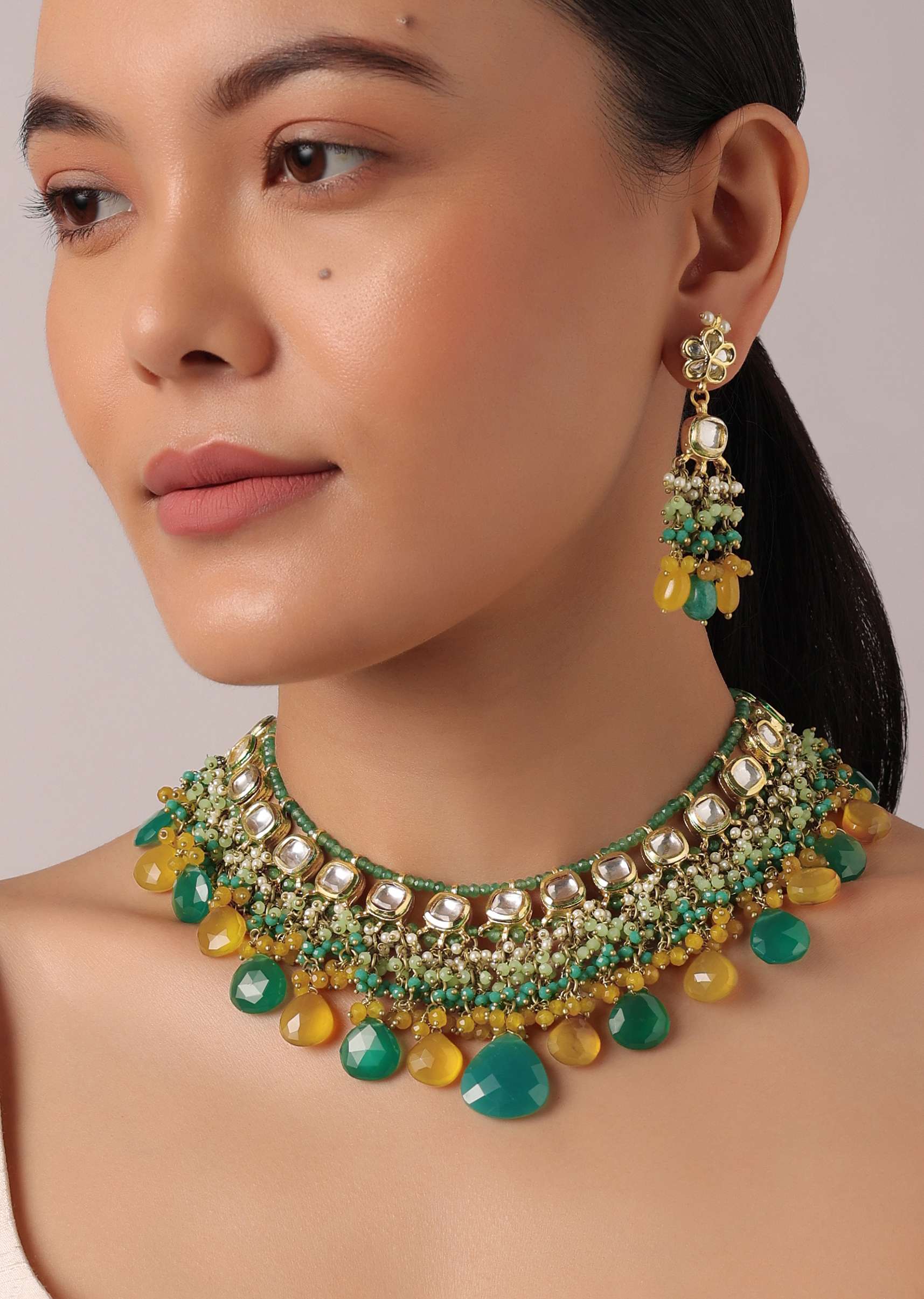 12263-green-and-orange-necklace-set-with-bead-drops-and-studded-kundan-polki-2.jpg Green And Orange Necklace Set With Bead Drops And Studded Kundan Polki