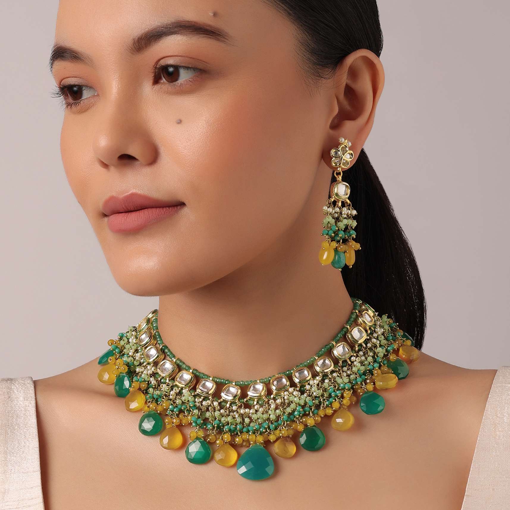 12263-green-and-orange-necklace-set-with-bead-drops-and-studded-kundan-polki-4.jpg Green And Orange Necklace Set With Bead Drops And Studded Kundan Polki