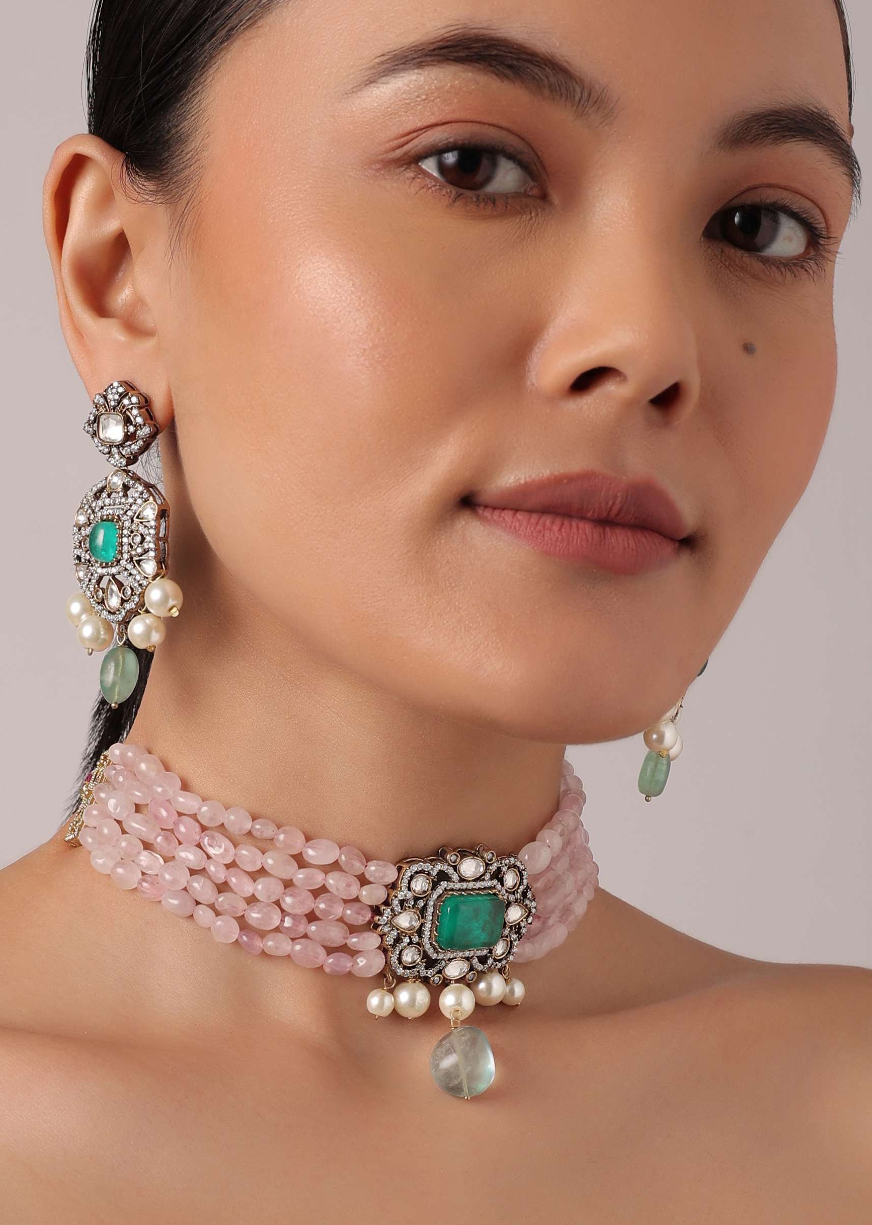 12266-pink-polki-kundan-choker-set-with-stone-drops-1.jpg Pink Polki Kundan Choker Set With Stone Drops