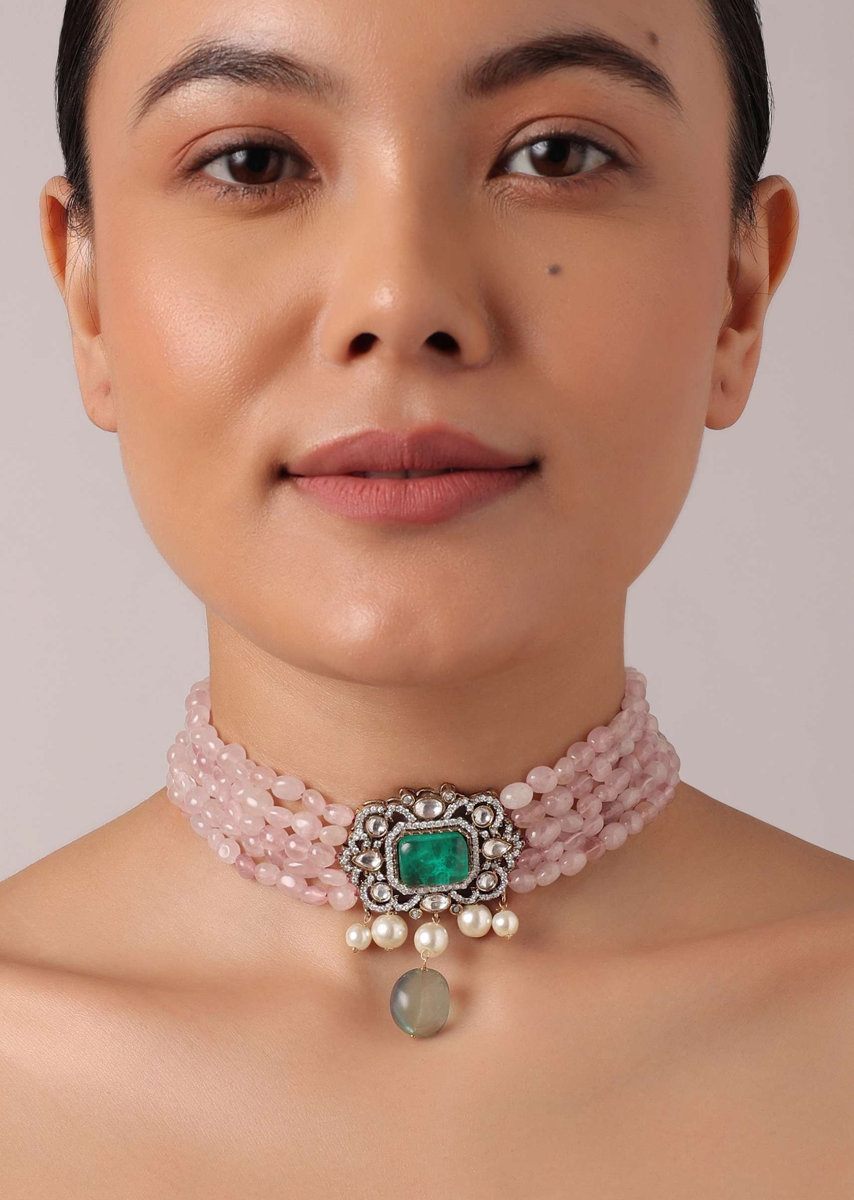12266-pink-polki-kundan-choker-set-with-stone-drops-2.jpg Pink Polki Kundan Choker Set With Stone Drops