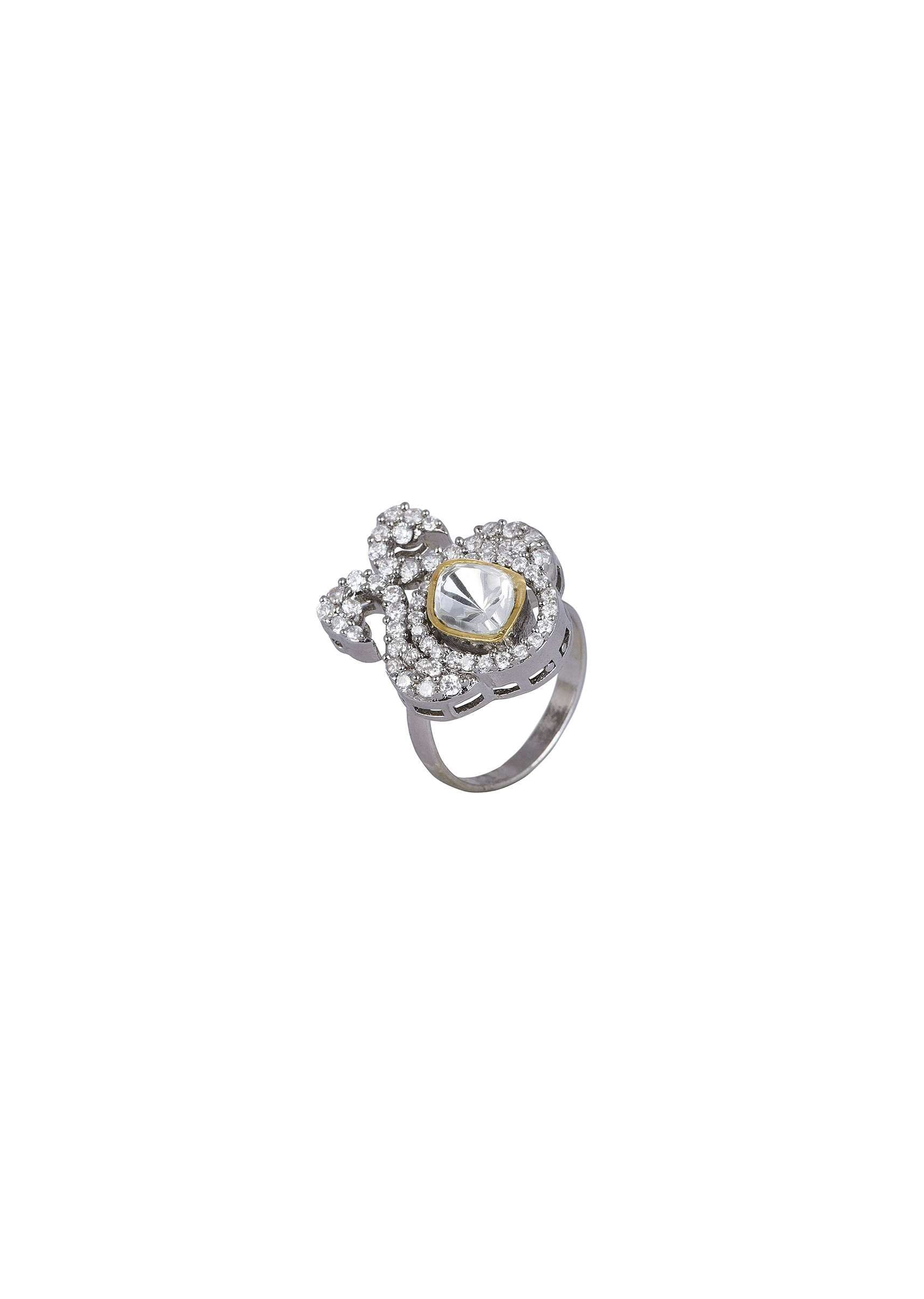 12268-two-tone-ring-with-uncut-polki-and-white-zirconia-1.jpg Two Tone Ring With Uncut Polki And White Zirconia