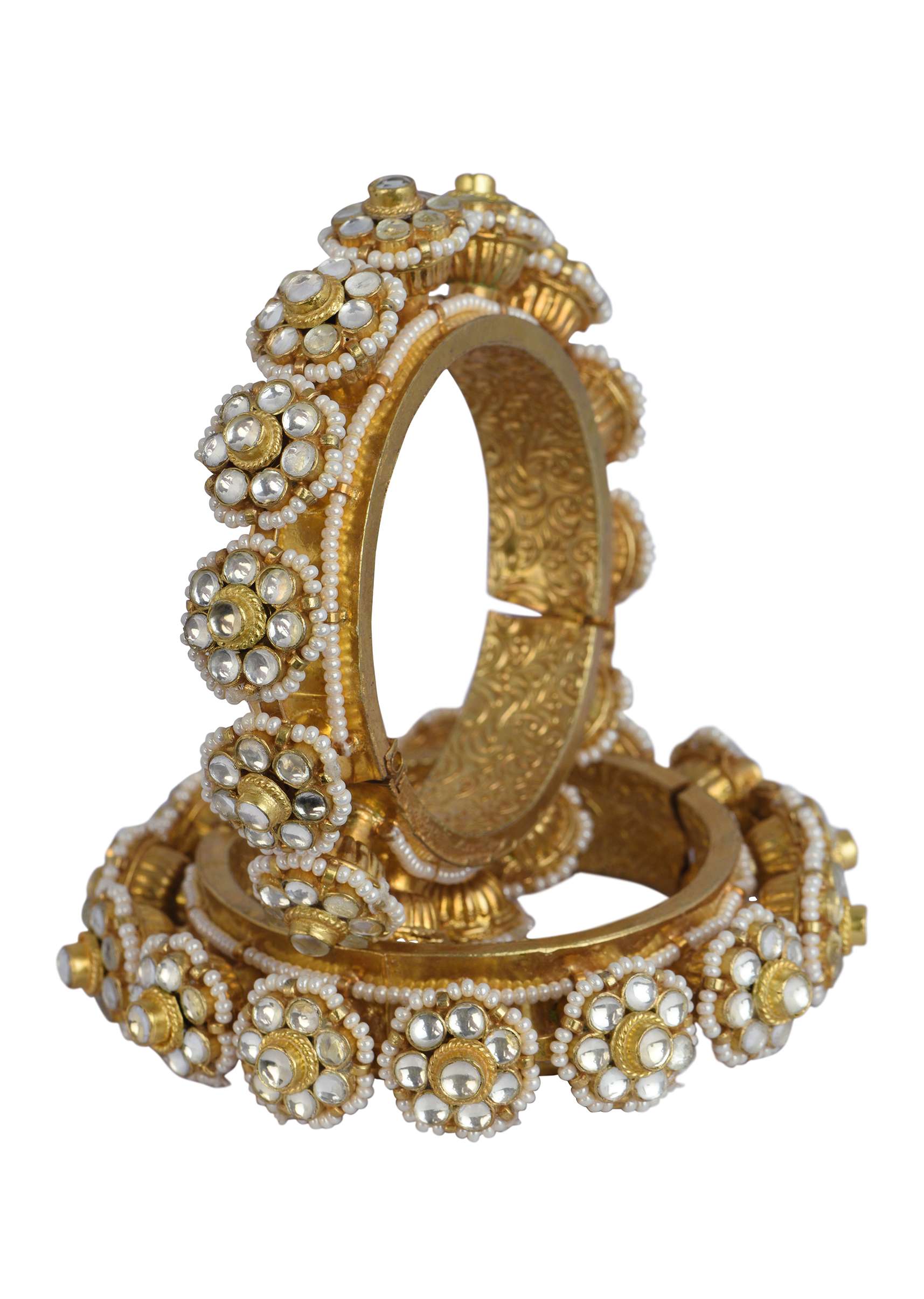 12269-gold-tone-kundan-bangle-with-pearls-and-floral-motifs-1.jpg Gold Tone Kundan Bangle With Pearls And Floral Motifs