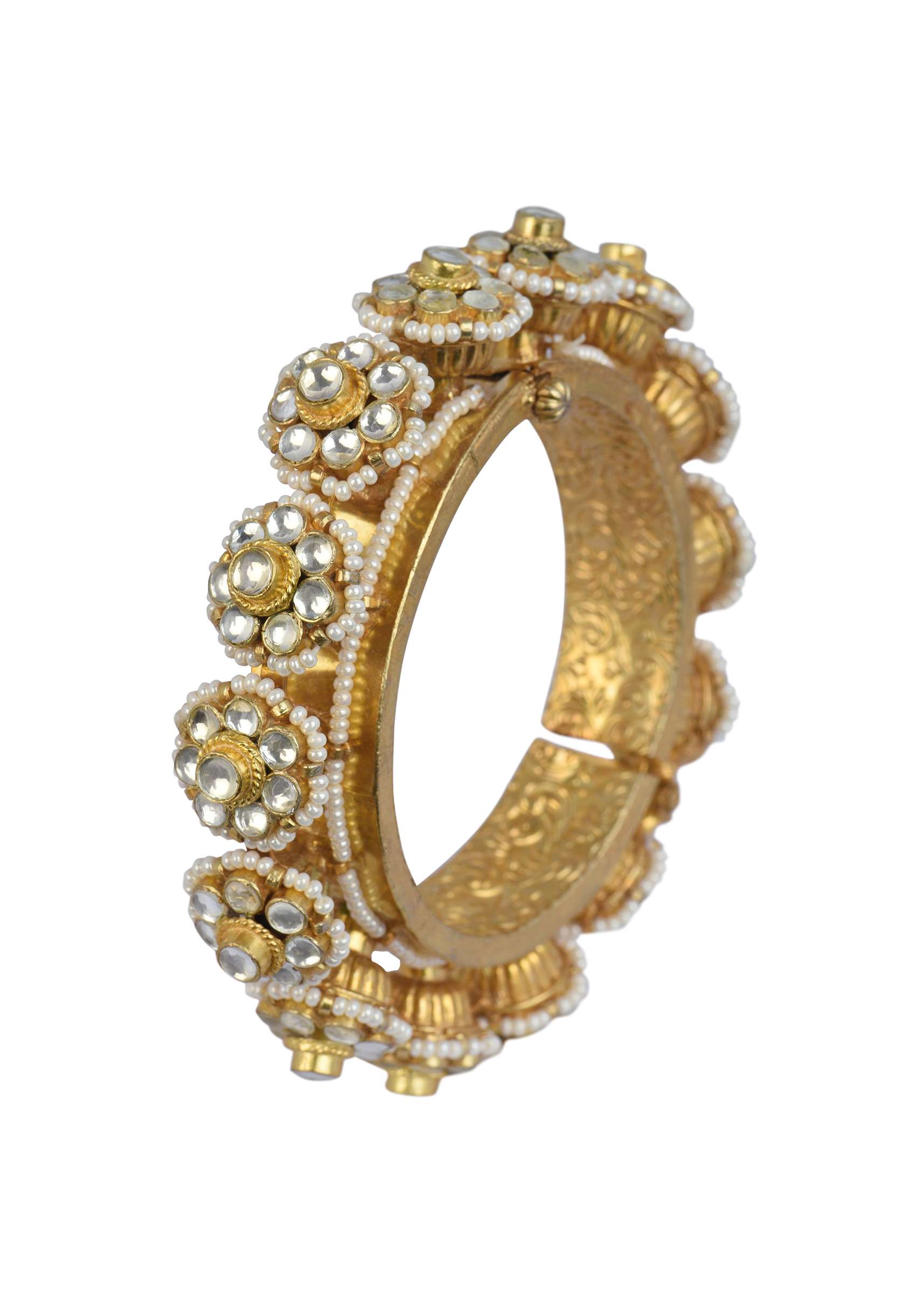 12269-gold-tone-kundan-bangle-with-pearls-and-floral-motifs-5.jpg Gold Tone Kundan Bangle With Pearls And Floral Motifs
