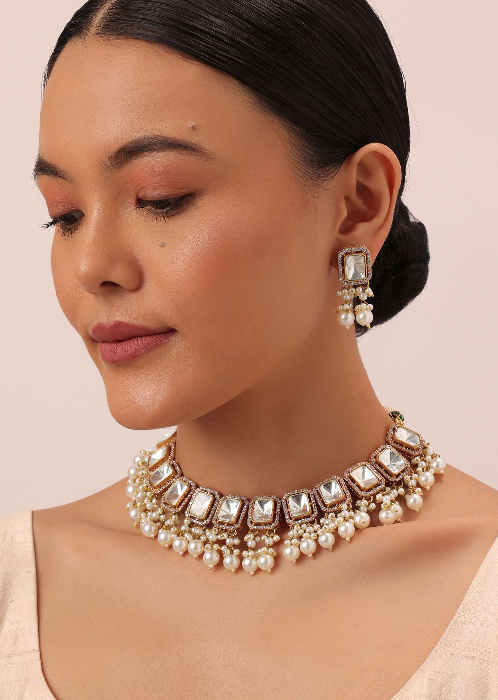 12270-gold-finish-kundan-necklace-set-with-pearl-drops-and-geometric-motifs-1.jpg Gold Finish Kundan Necklace Set With Pearl Drops And Geometric Motifs